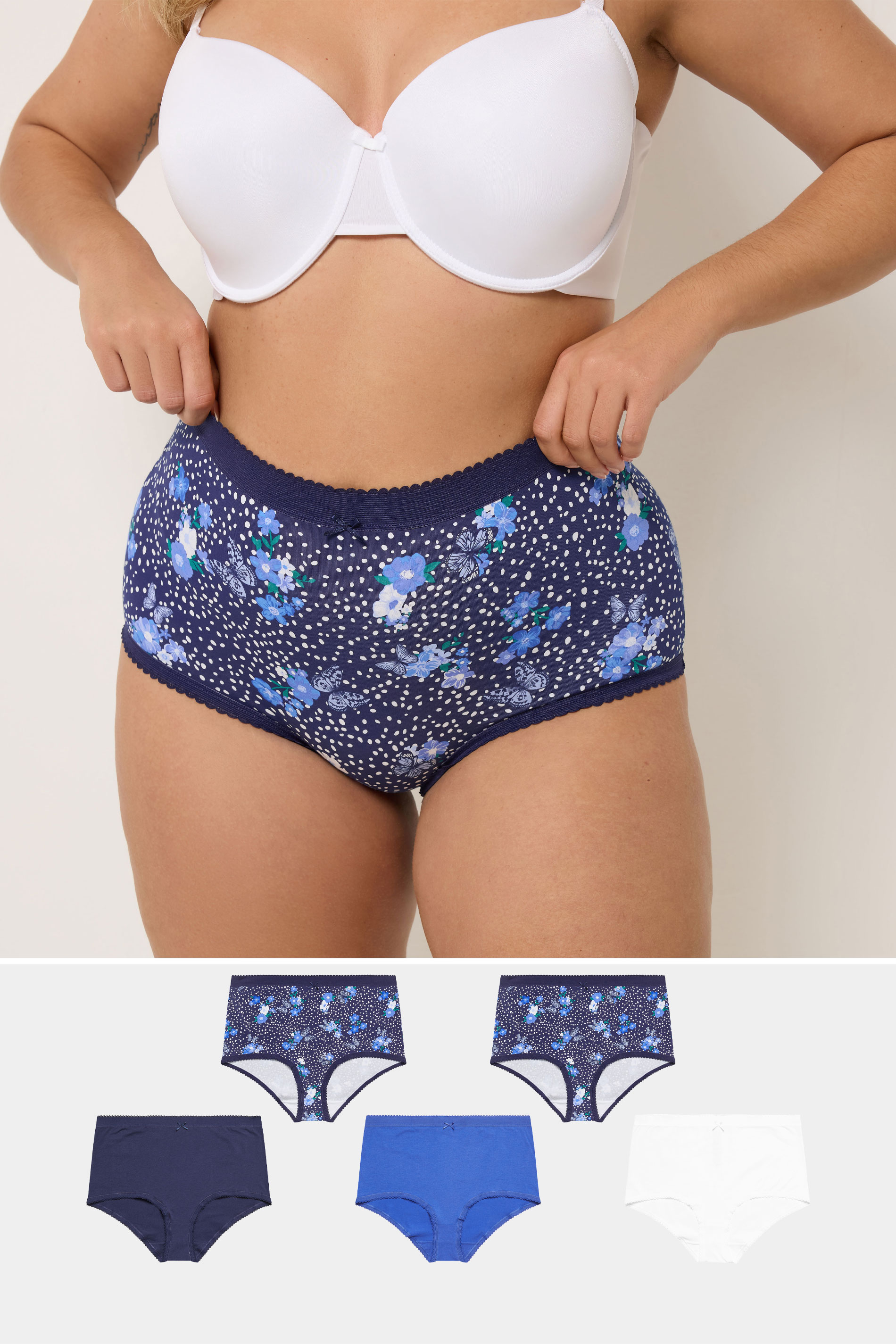YOURSET 5 PACK Plus Size Blue Floral Butterfly Print Full Briefs | Yours Clothing 1