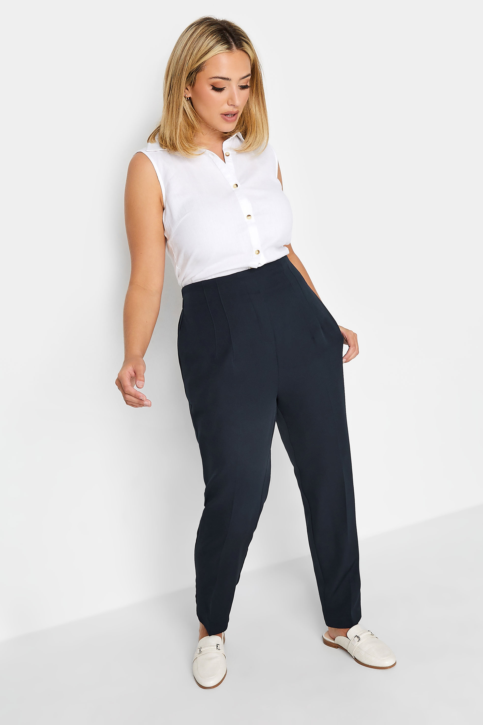 YOURS Curve Plus Size Navy Blue Darted Waist Tapered Trousers | Yours Clothing  2