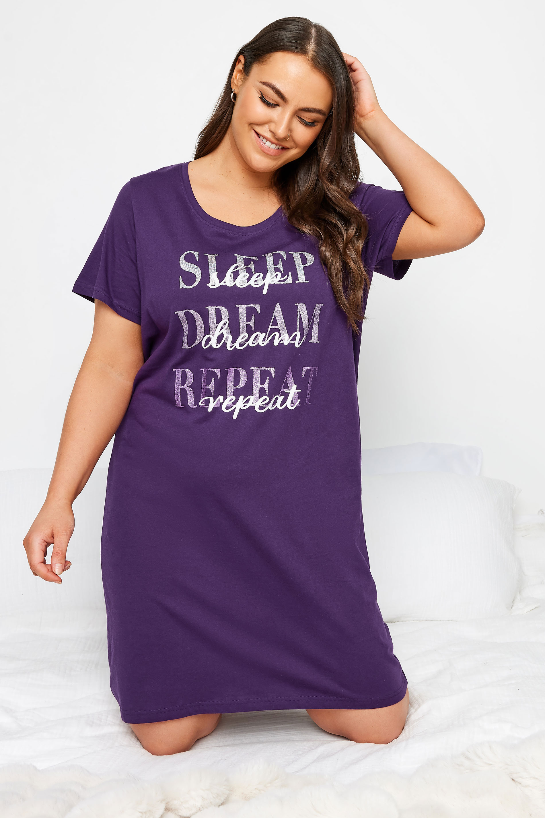 YOURS Plus Size Purple 'Sleep Dream Repeat' Slogan Nightdress | Yours Clothing 1