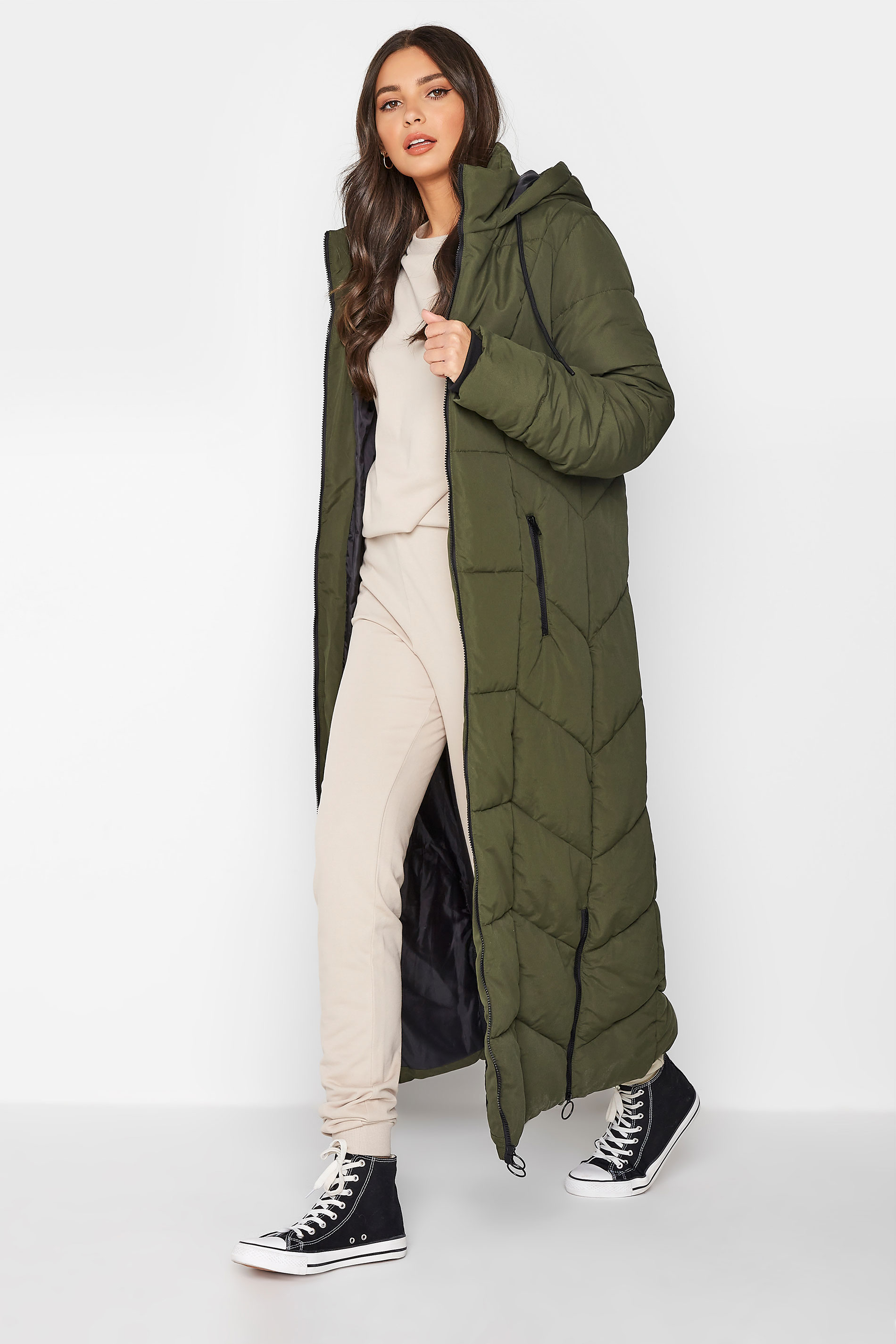 Tall Womens Khaki Longline Hooded Puffer Coat Long Tall Sally