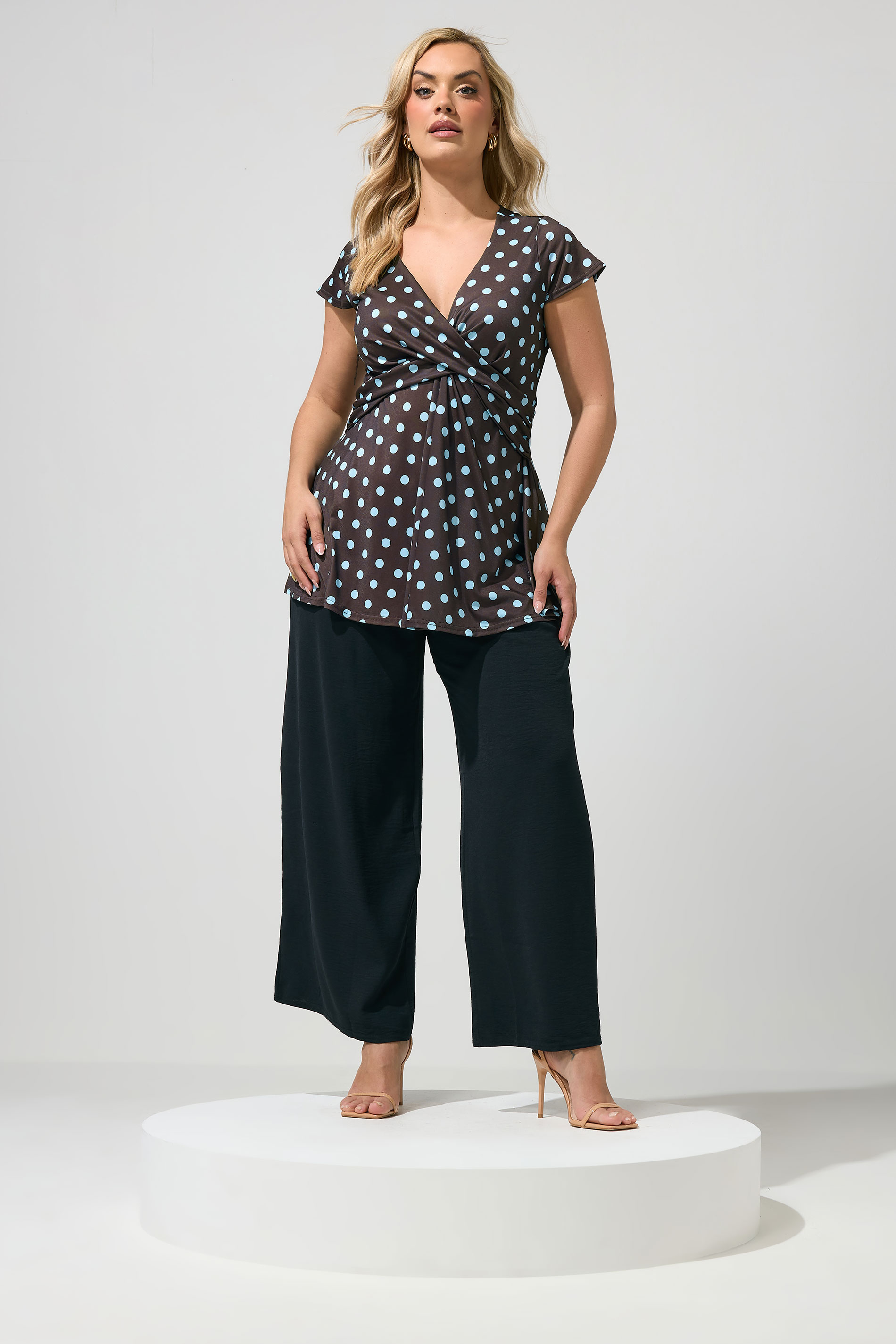 YOURS LONDON Plus Size Chocolate Brown Polka Dot Wrap Front Top | Yours Clothing 1