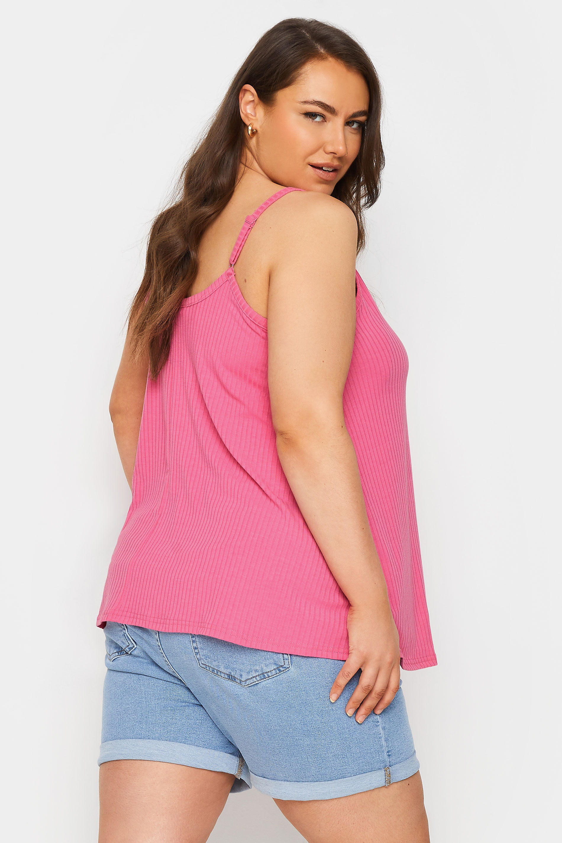 YOURS Plus Size Pink Ribbed Button Front Cami Top | Yours Clothing 3