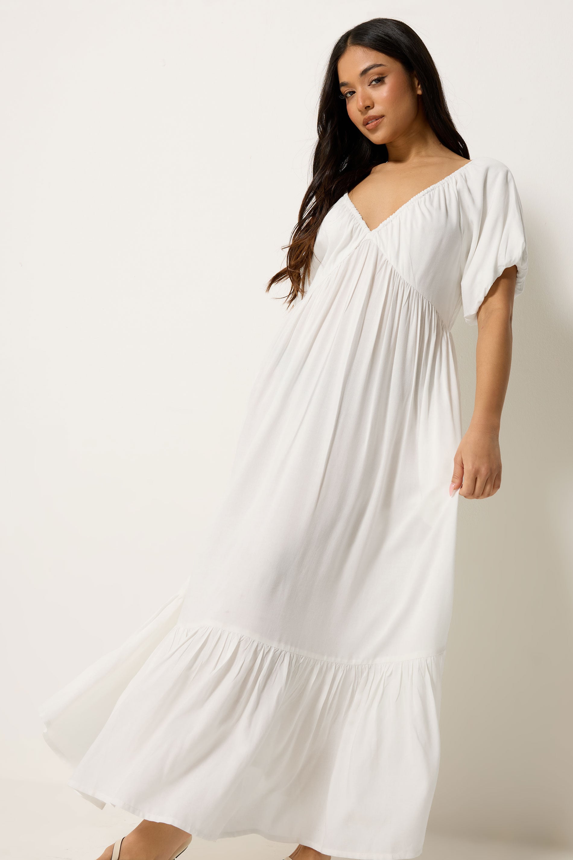 PixieGirl Petite Women's White Puff Sleeve Maxi Dress | PixieGirl 1