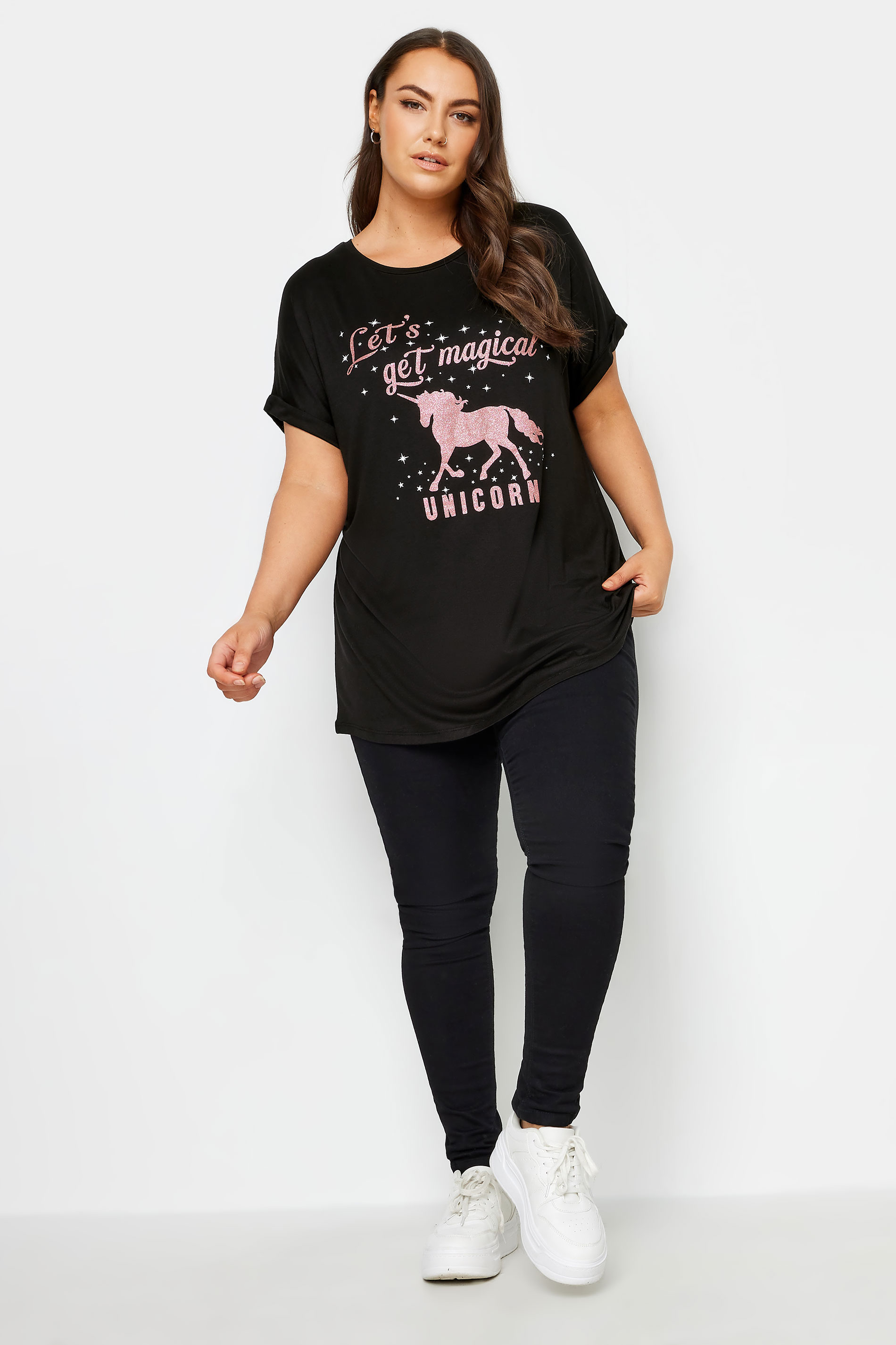 YOURS Plus Size Black Unicorn Magic Glitter Embellished T-Shirt 2