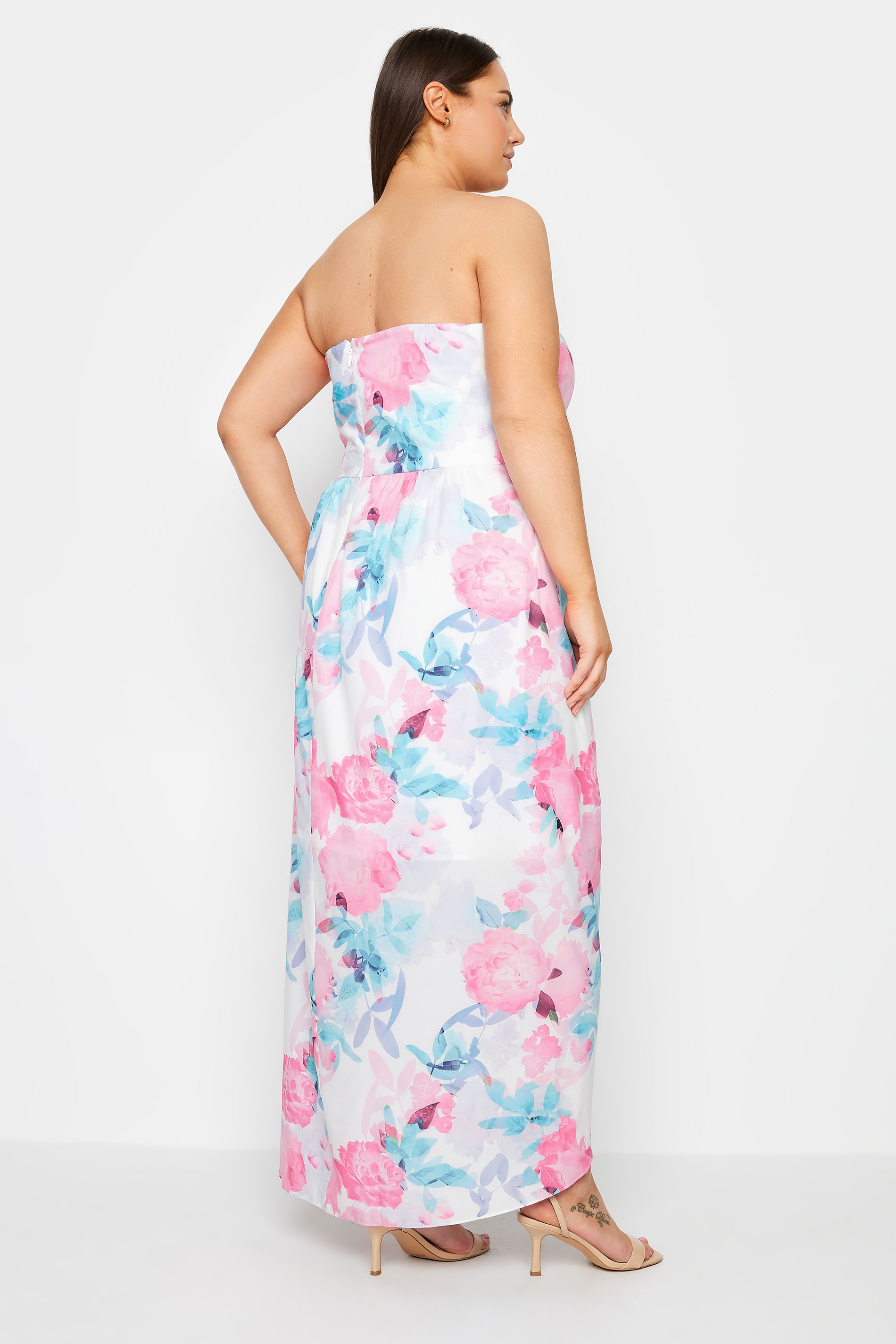 Evans Pink & Blue Strapless Floral Dress 3