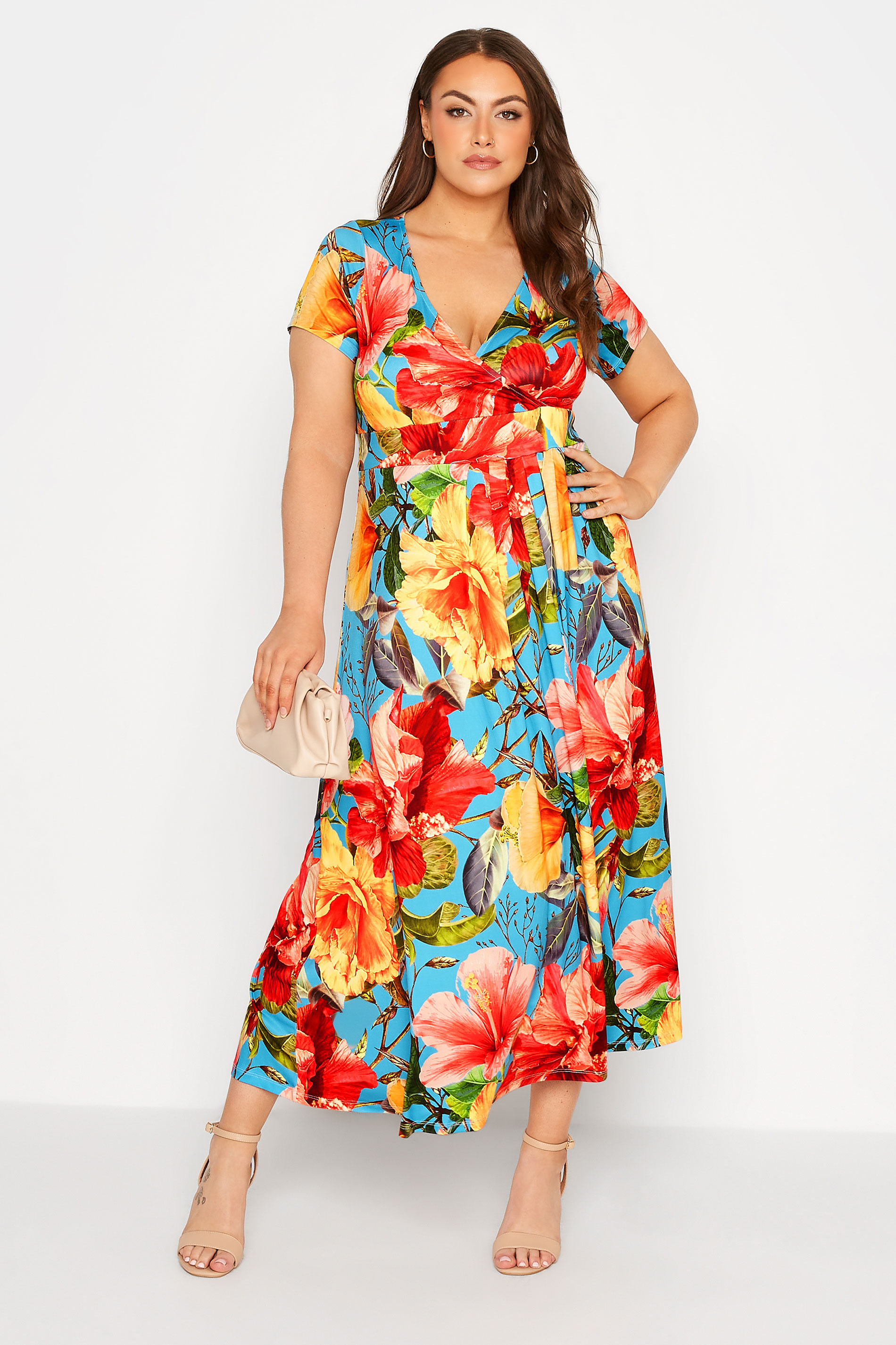Robes Grande Taille Grande taille  Robes Portefeuilles | Robe Bleue & Rouge Floral Design Cache-Coeur - XP42778