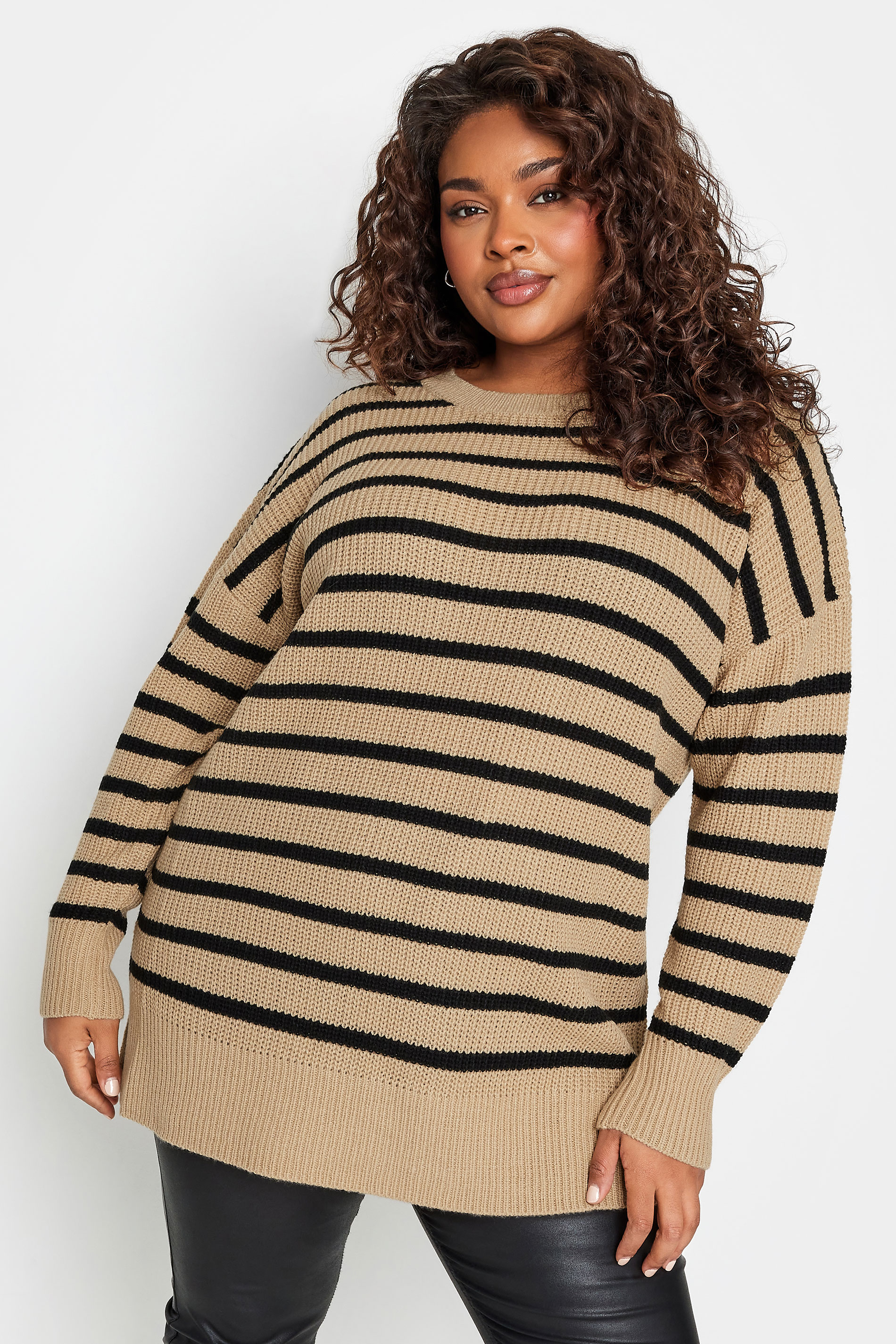 YOURS Plus Size Beige Brown Stripe Drop Shoulder Knitted Jumper | Yours Clothing 2