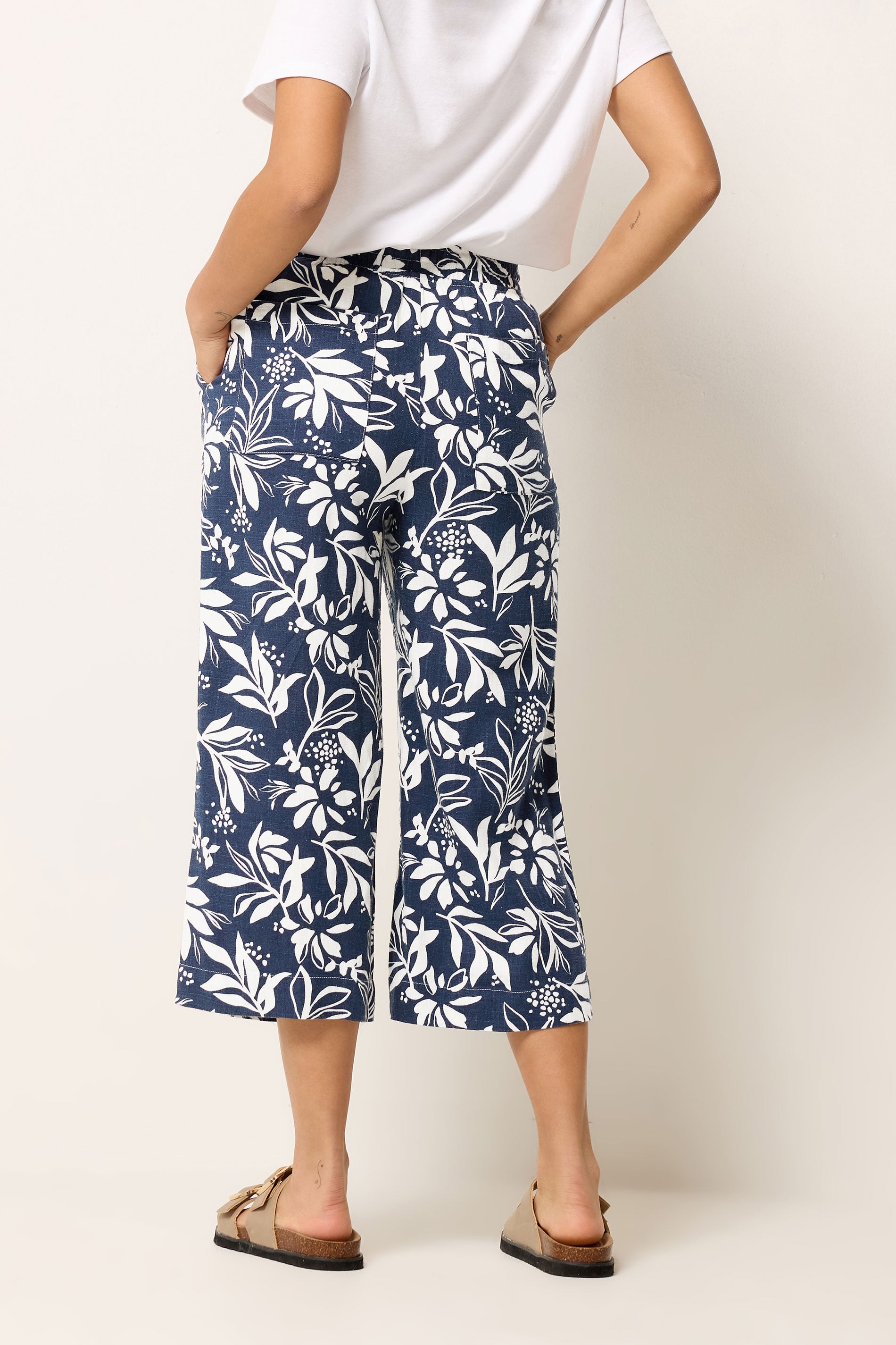 M&Co Petite Navy Blue Floral Linen Culottes | M&Co 4