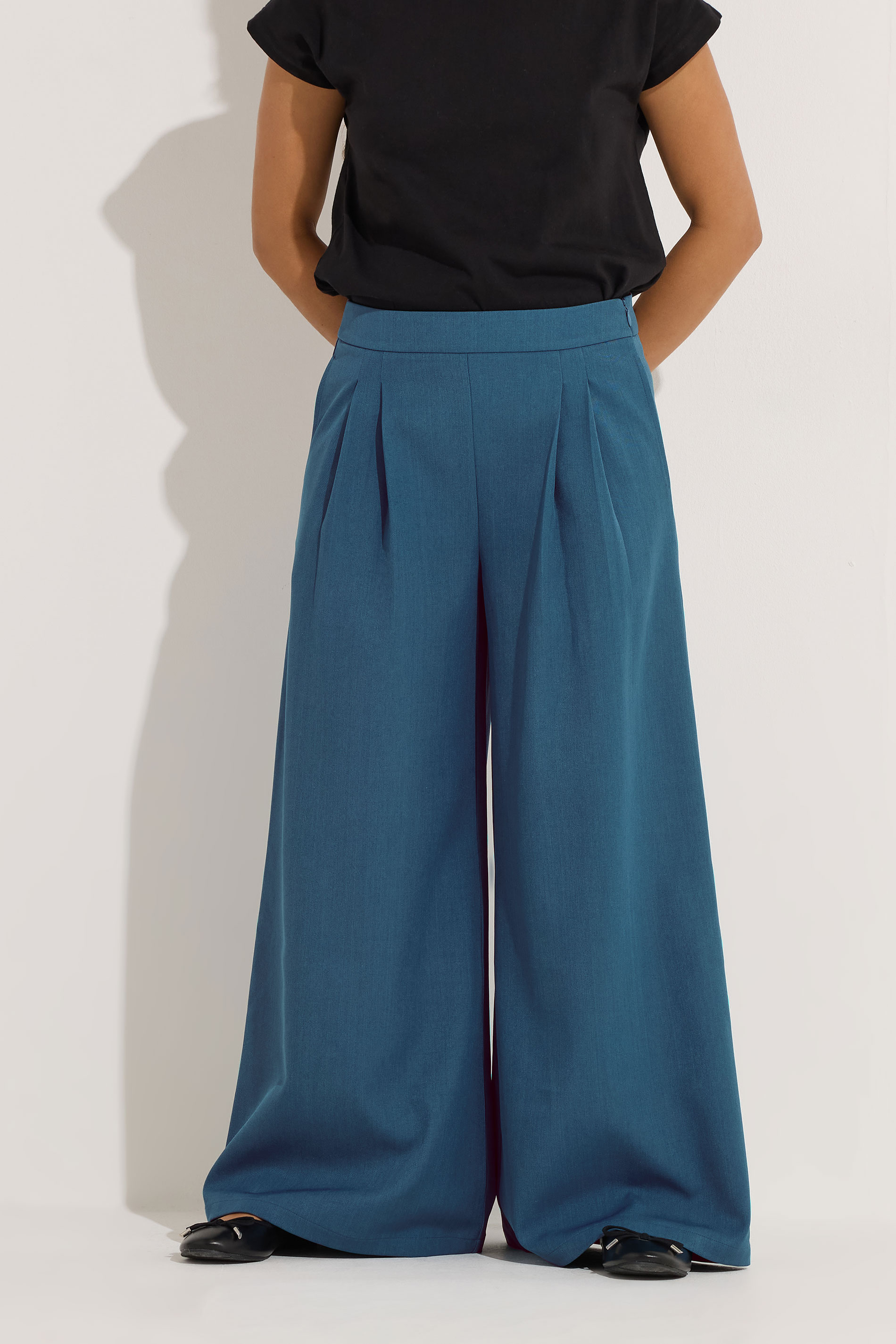PixieGirl Petite Women's Teal Blue Pleat Front Palazzo Trousers | PixieGirl 2