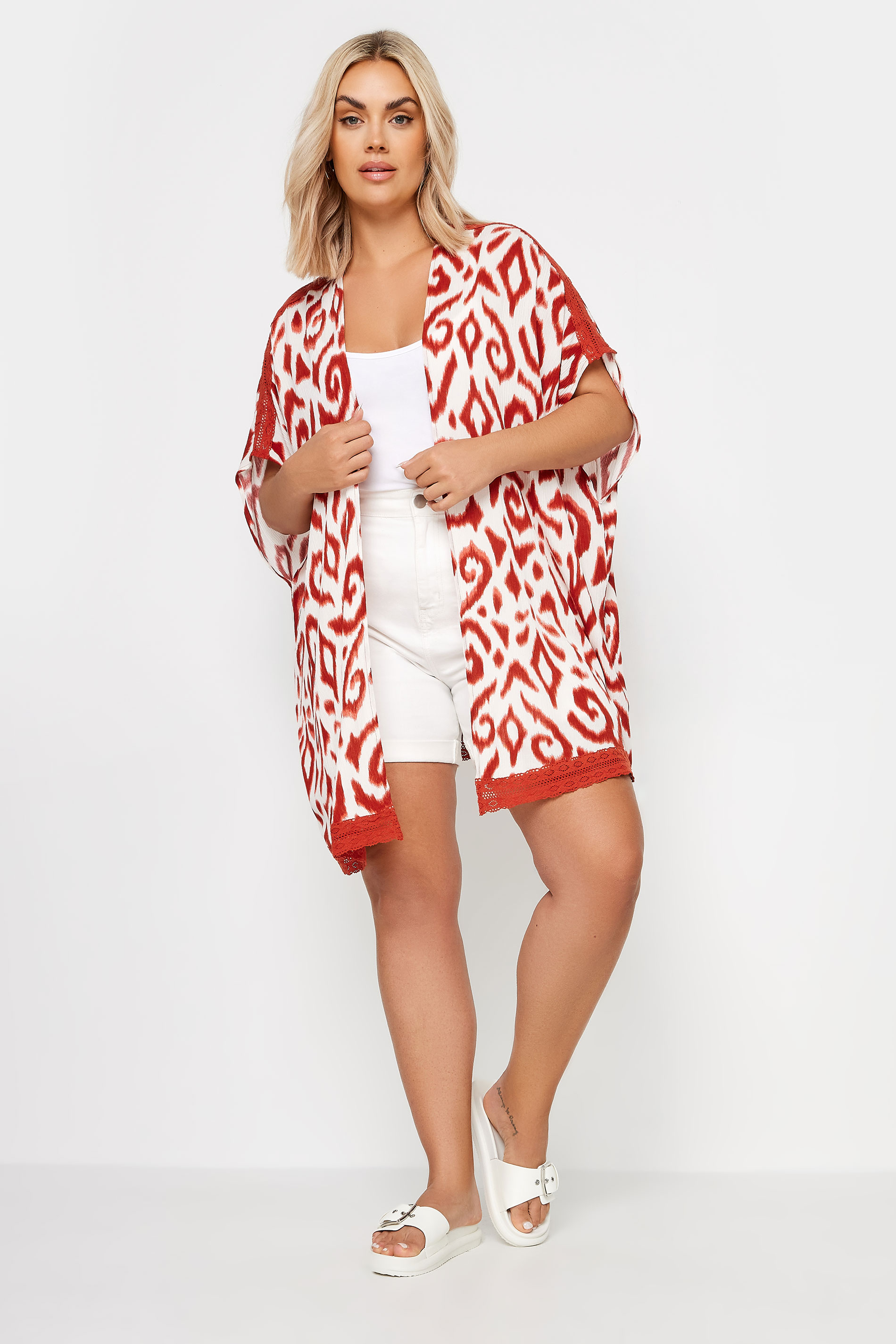 YOURS Plus Size White Ikat Print Crochet Trim Kimono | Yours Clothing 2