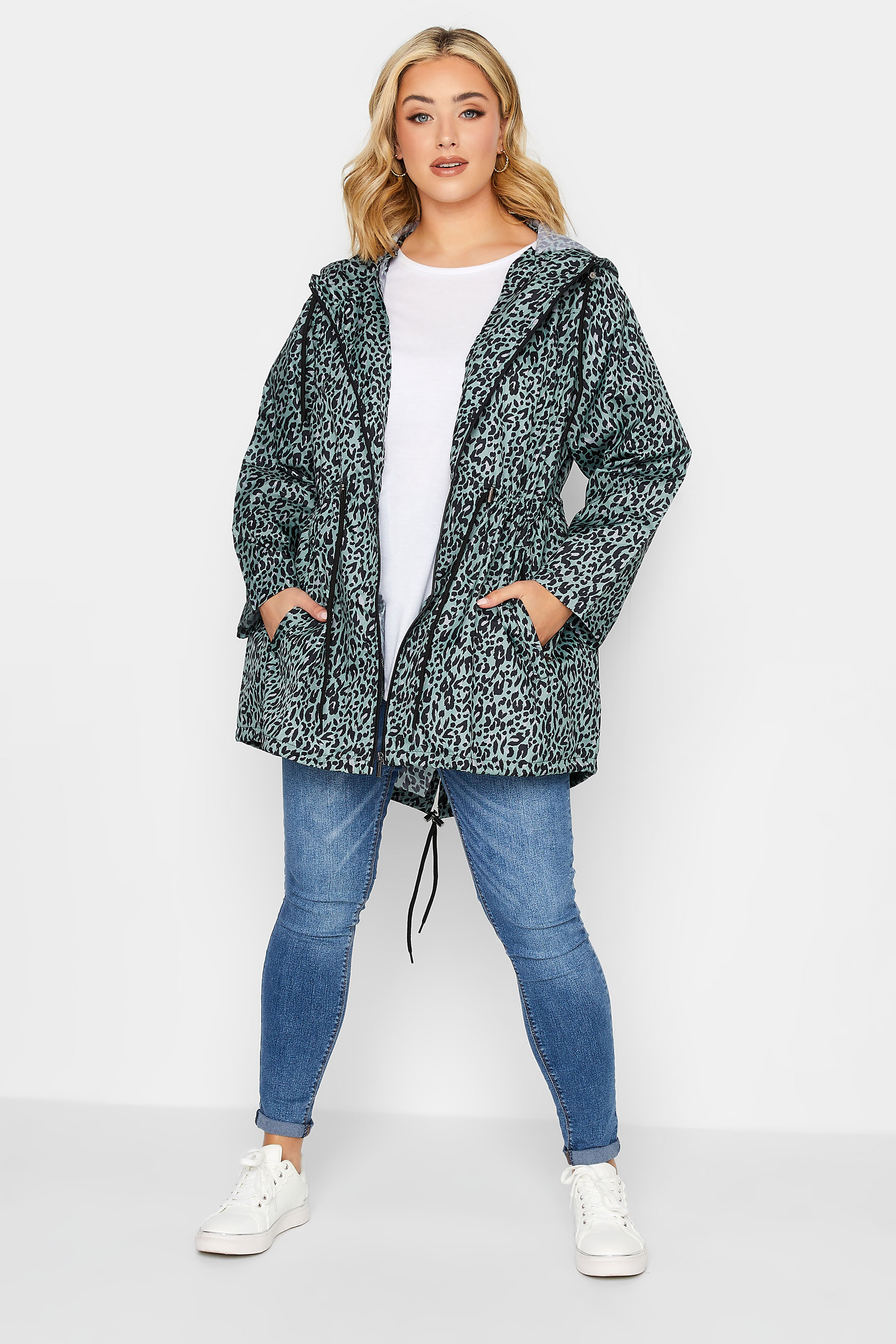 YOURS PETITE Plus Size Green Leopard Print Pocket Parka | Yours Clothing 2