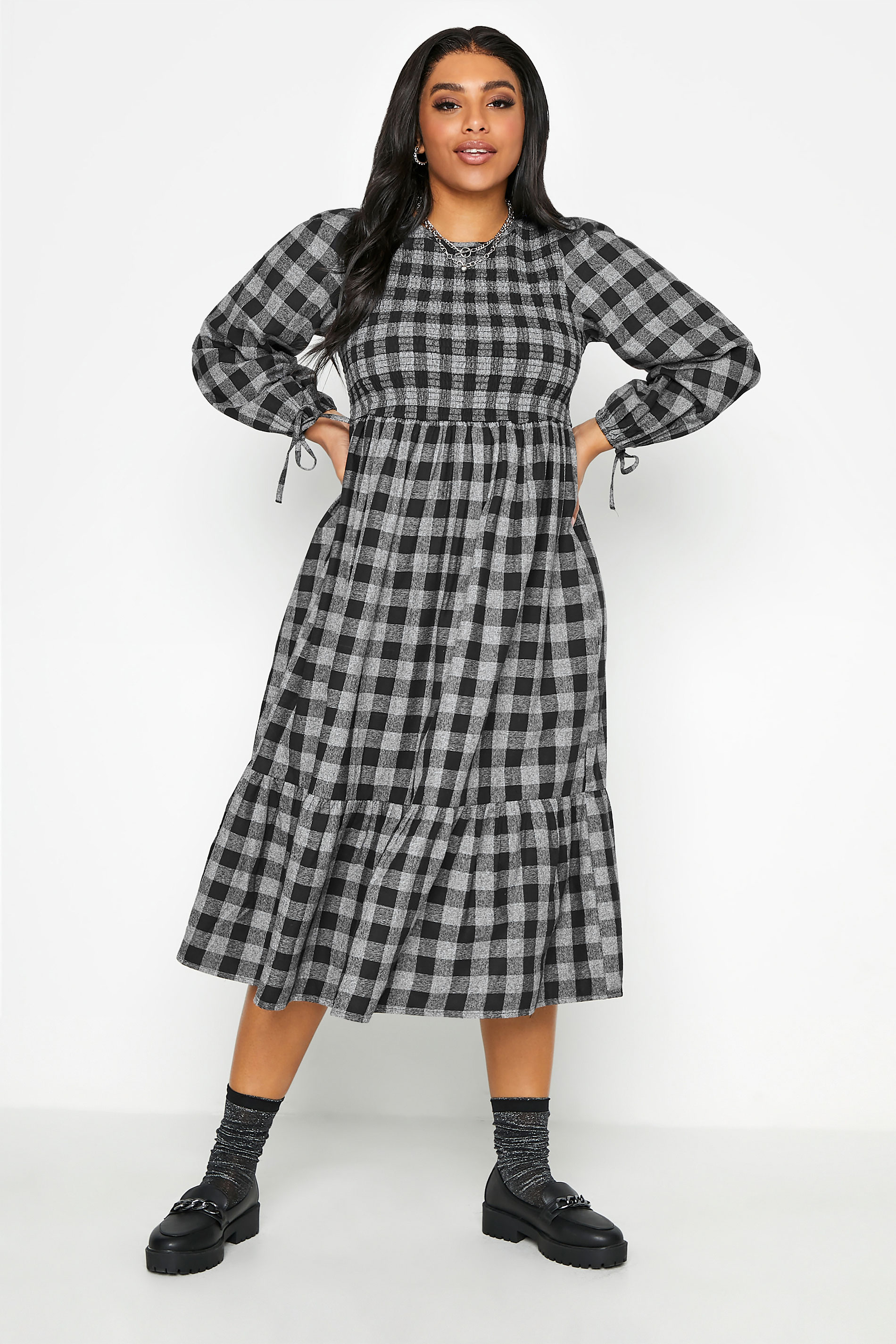 LIMITED COLLECTION Black & Grey Check Shirred Dress_A.jpg