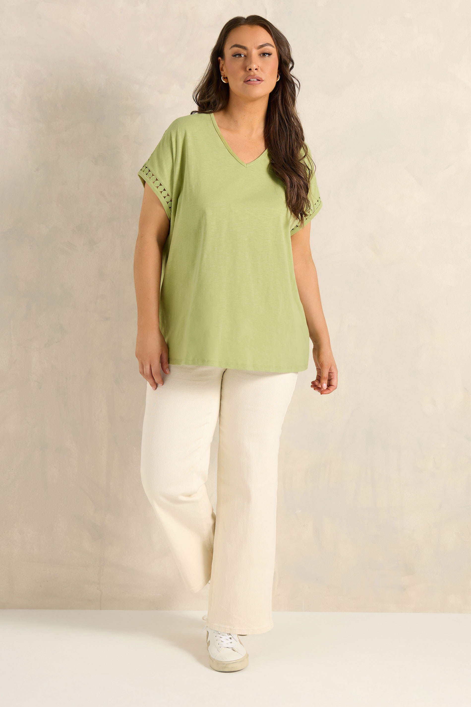 EVANS Plus Size Chartreuse Crochet Trim Cotton V Neck T-Shirt | Evans 1