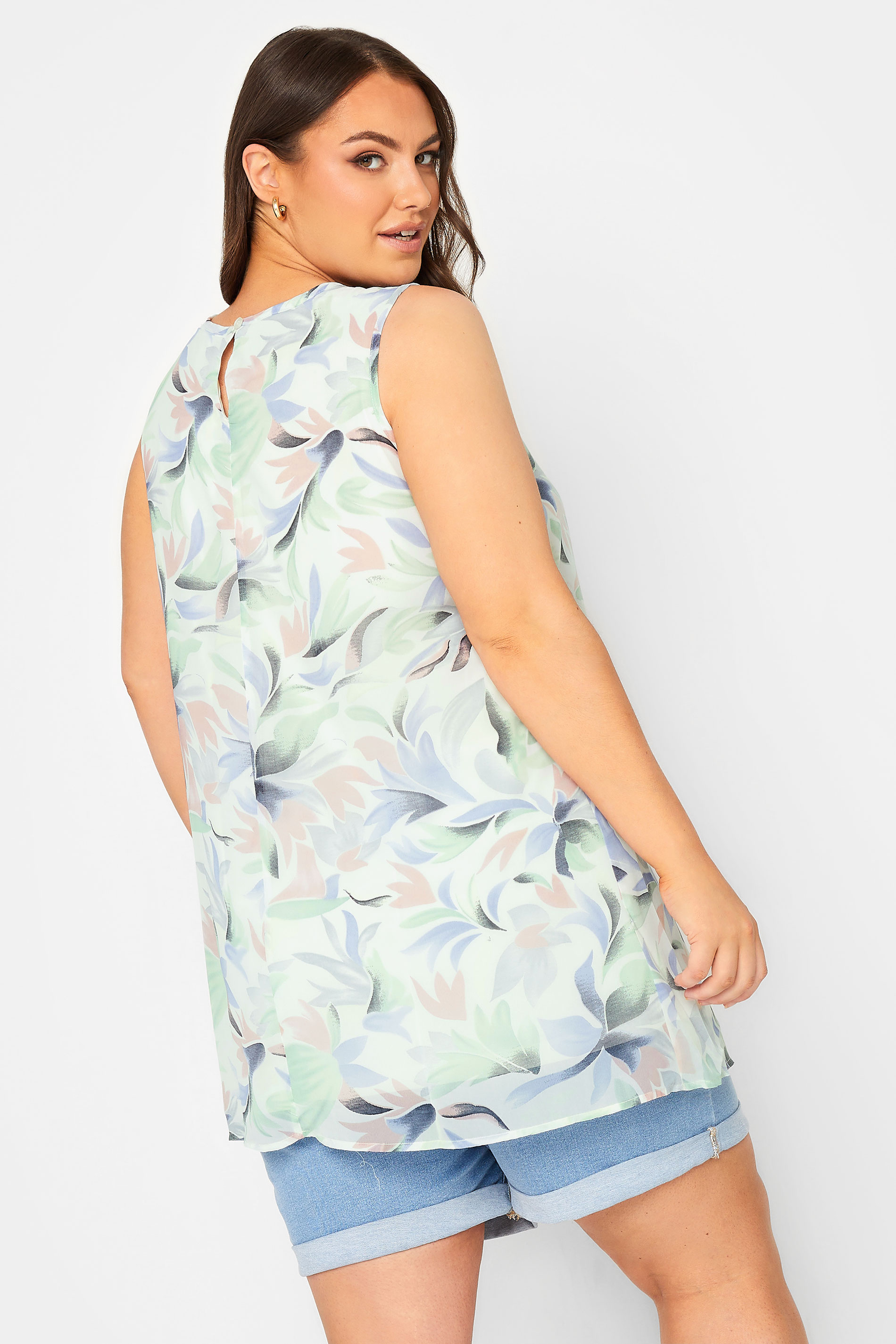 YOURS Curve Light Green Floral Pintuck Sleeveless Blouse | Yours Clothing  3