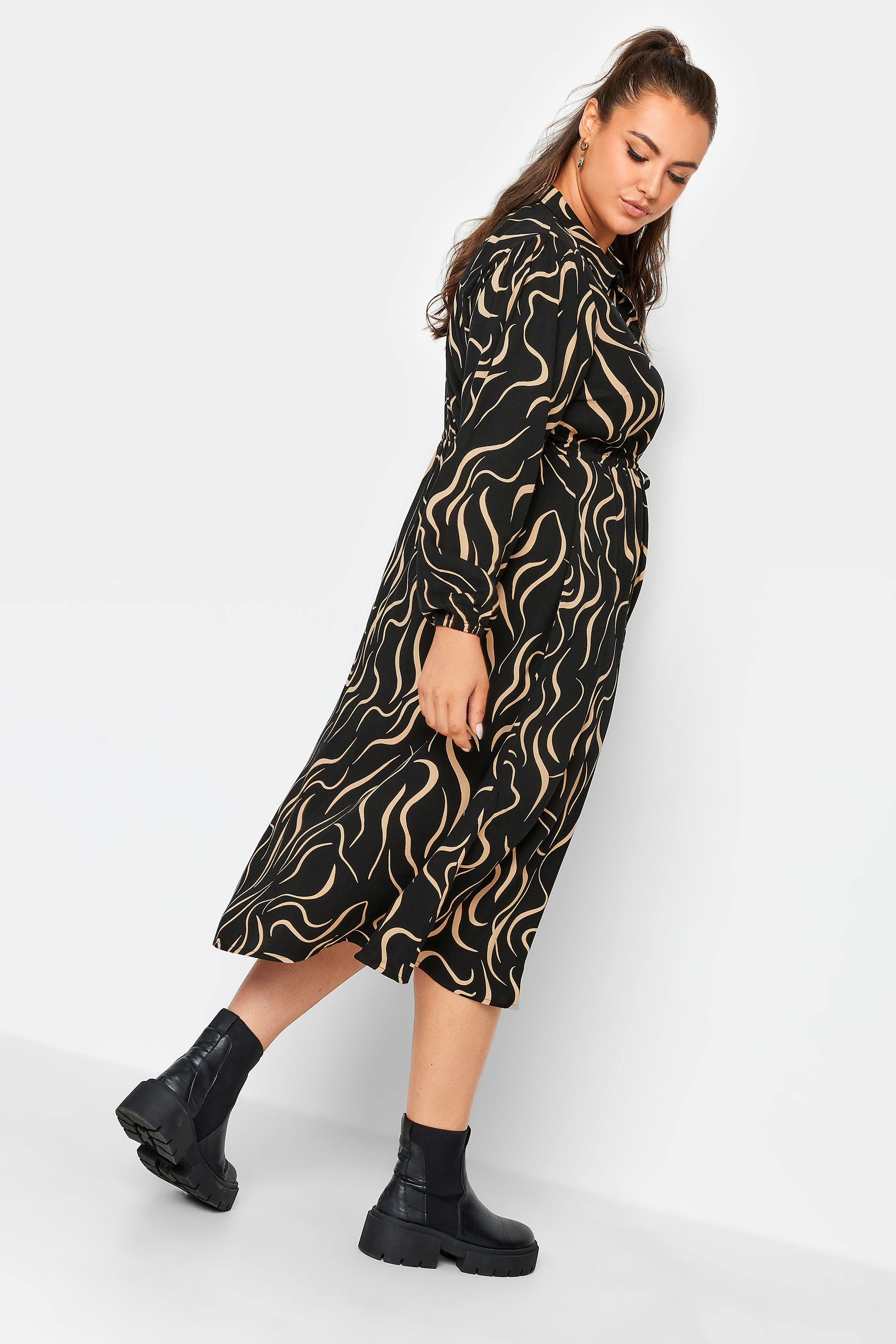 YOURS Plus Size Black Abstract  Print Long Sleeve Midaxi Shirt Dress | Yours Clothing 3