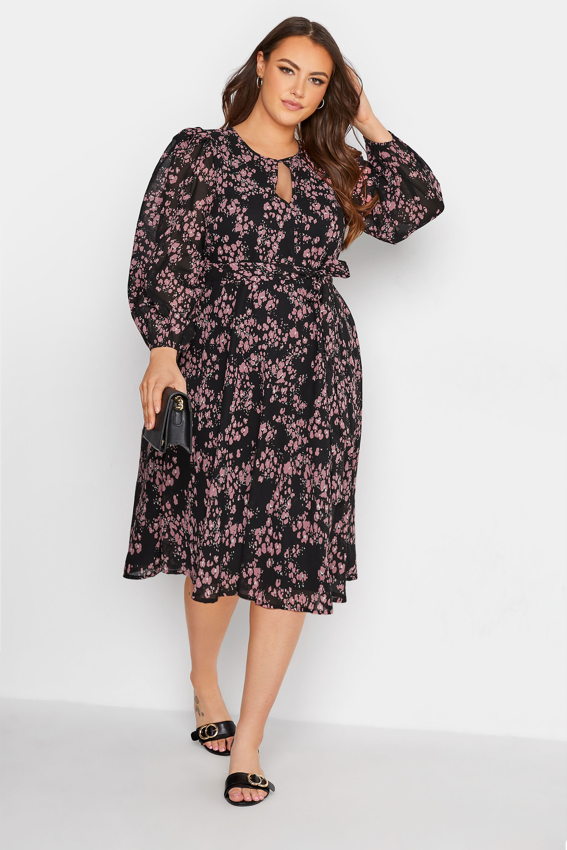 Robes Grande Taille Grande taille  Robes Patineuses | YOURS LONDON - Robe Noire & Rose Animal Manches Ballons - BS77867