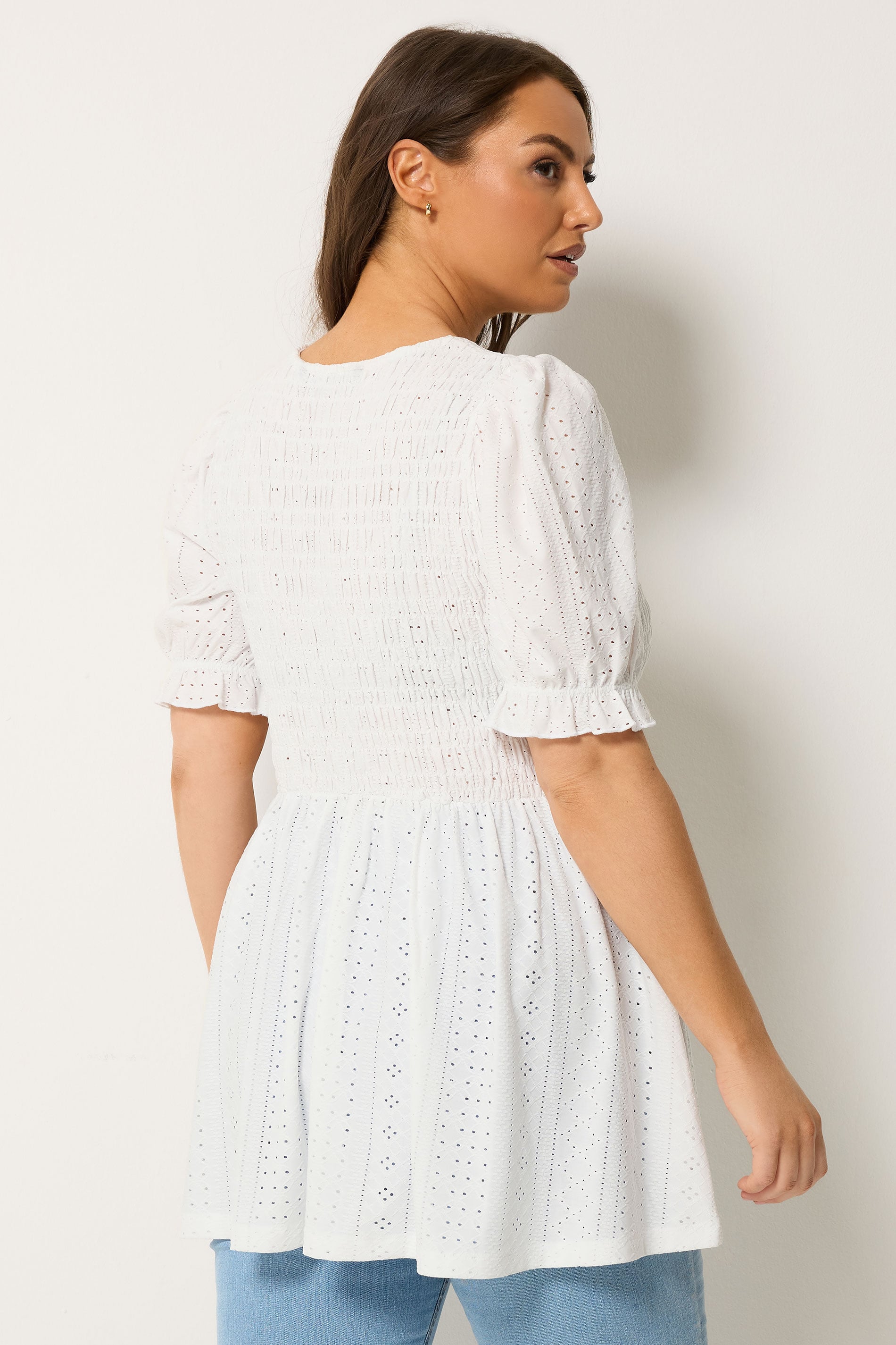 YOURS Plus Size White Broderie Anglaise Shirred Puff Sleeve Top | Yours Clothing 2
