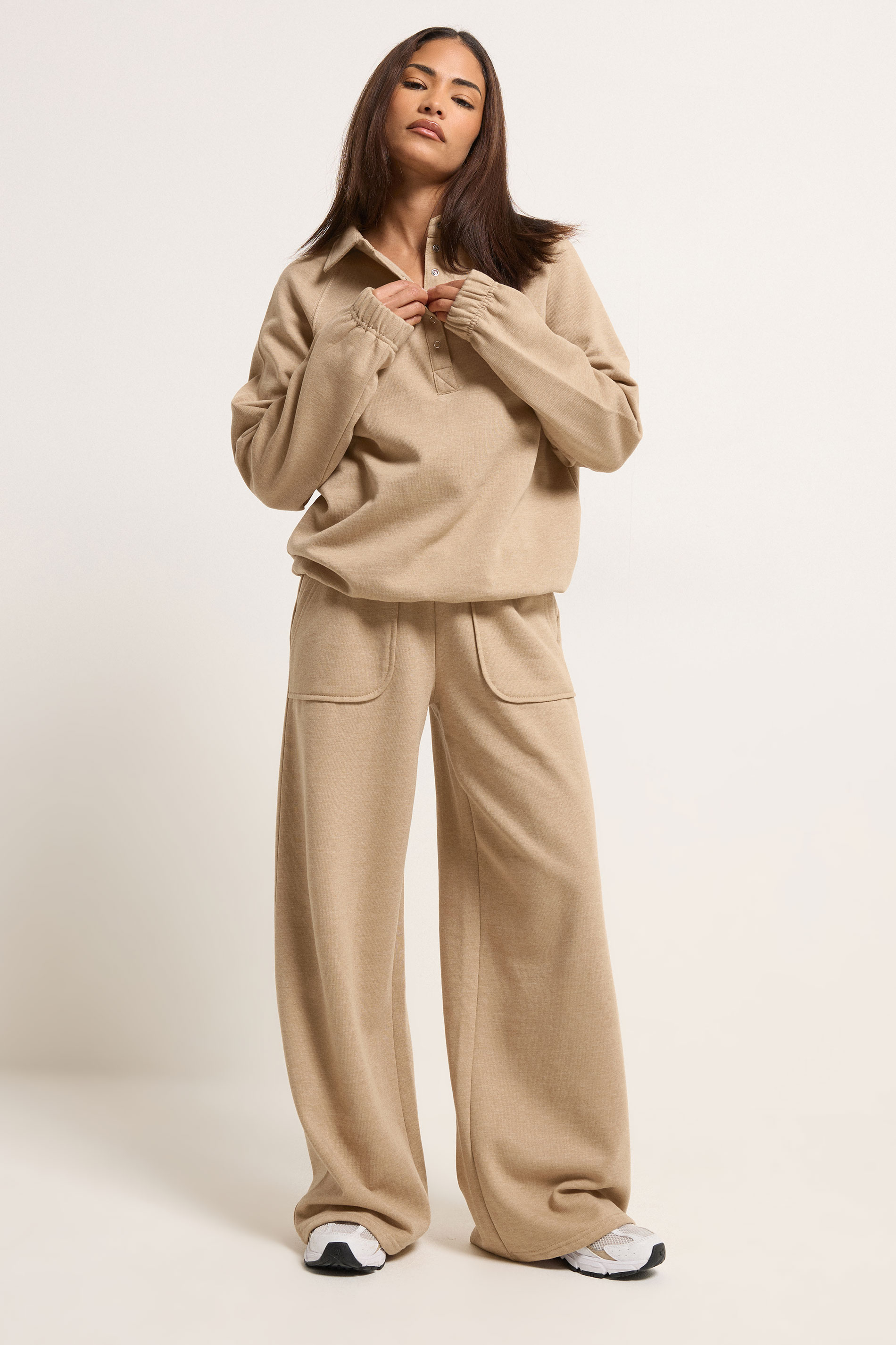 PixieGirl Petite Women's Natural Brown Pocket Patch Wide Leg Joggers | PixieGirl 1