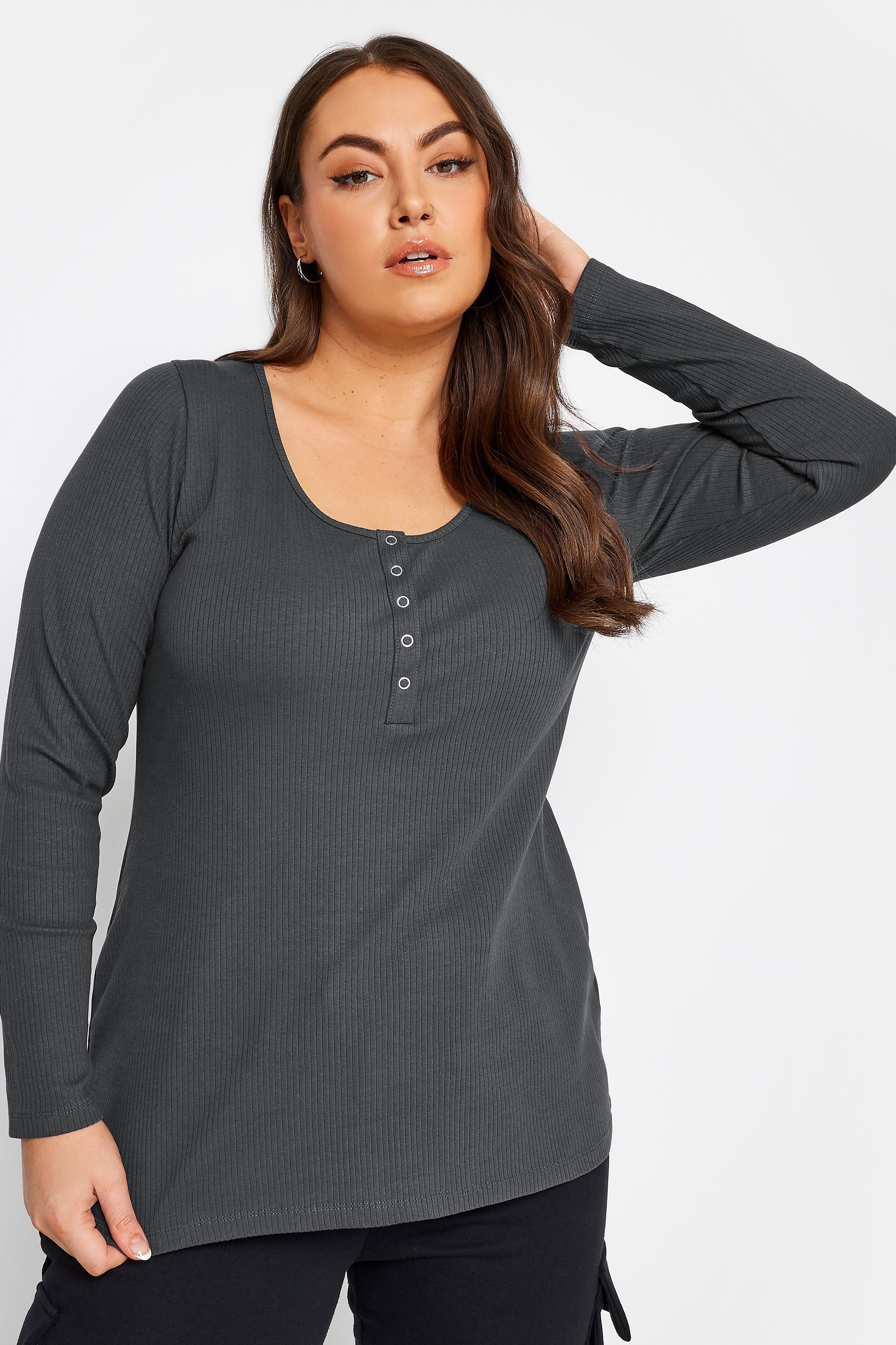 YOURS Plus Size Charcoal Grey Ribbed Popper Fastening Top | Yours Clothing 3