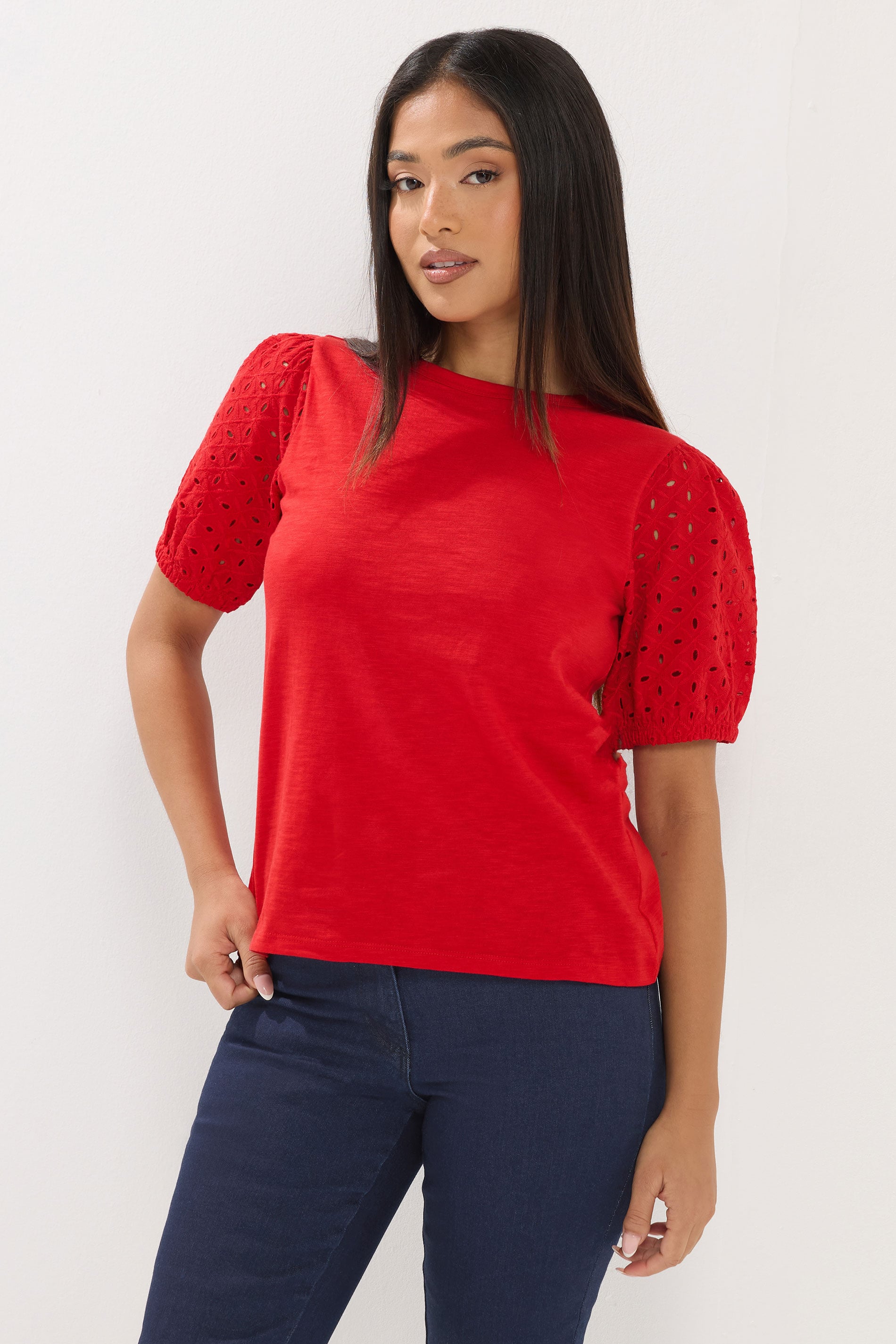 M&Co Petite Red Broderie Cotton Puff Sleeve Top | M&Co 3