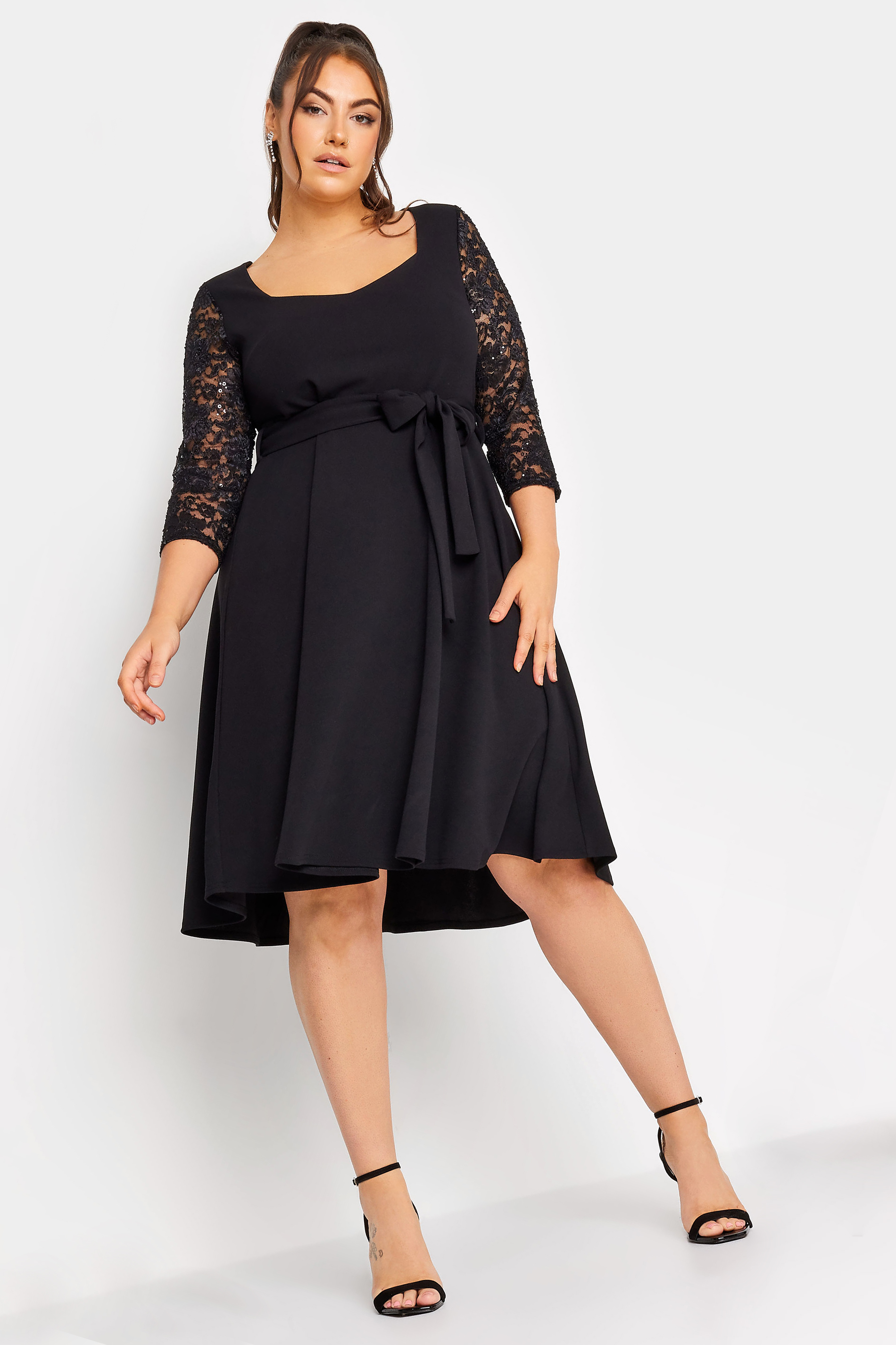 YOURS LONDON Plus Size Black Sequin Detail Lace Sleeve Skater Dress | Yours Clothing 1