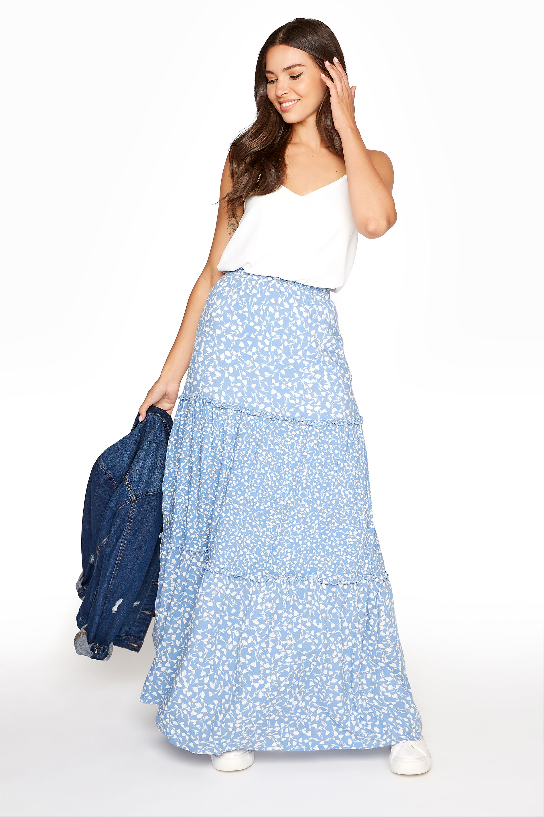 Long Tall Sally Women's Light Blue Floral Print Tiered Woven Maxi Skirt