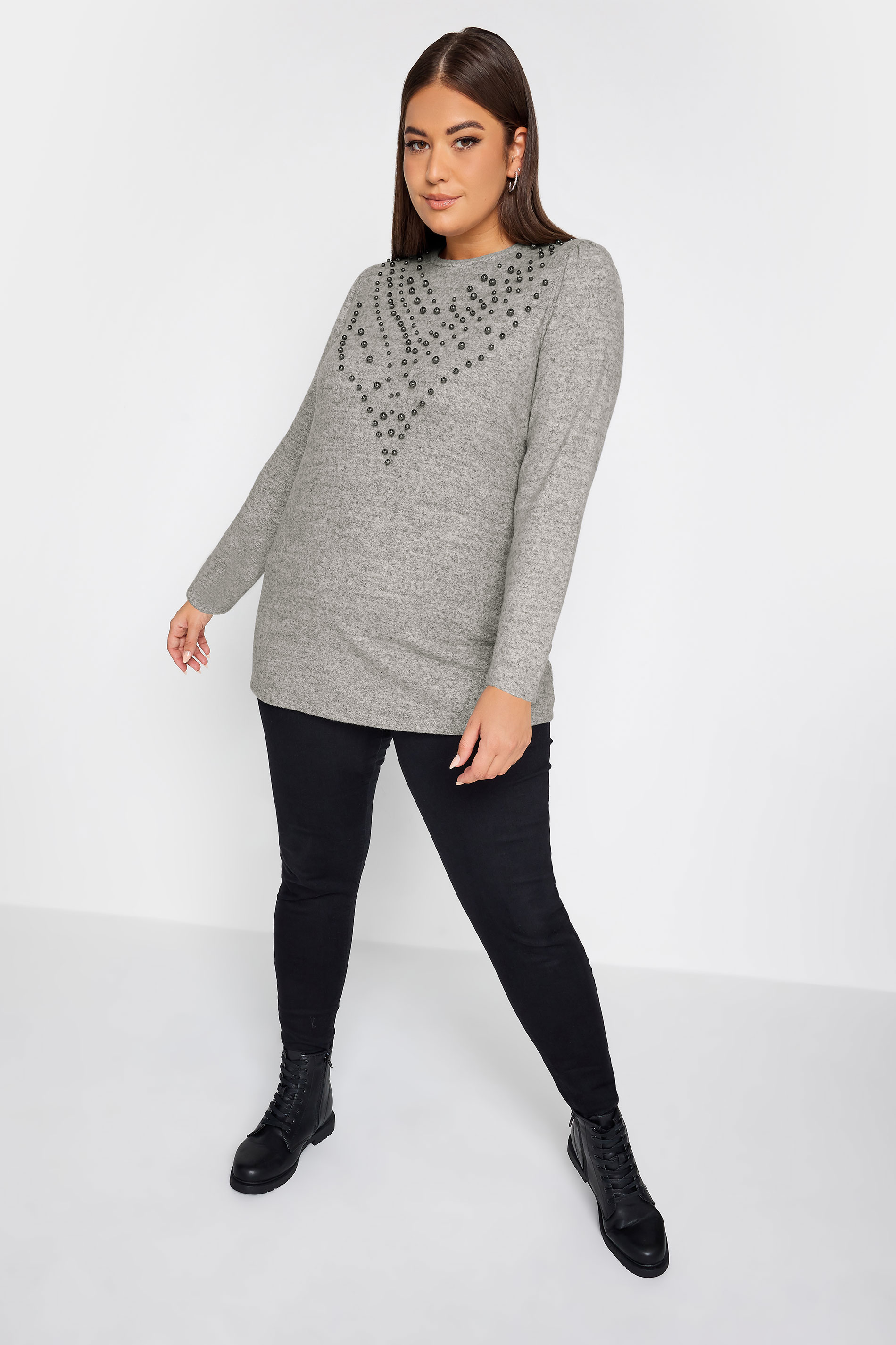 YOURS Plus Size Grey Embellished Soft Touch Jumper | Yours Clothing 2