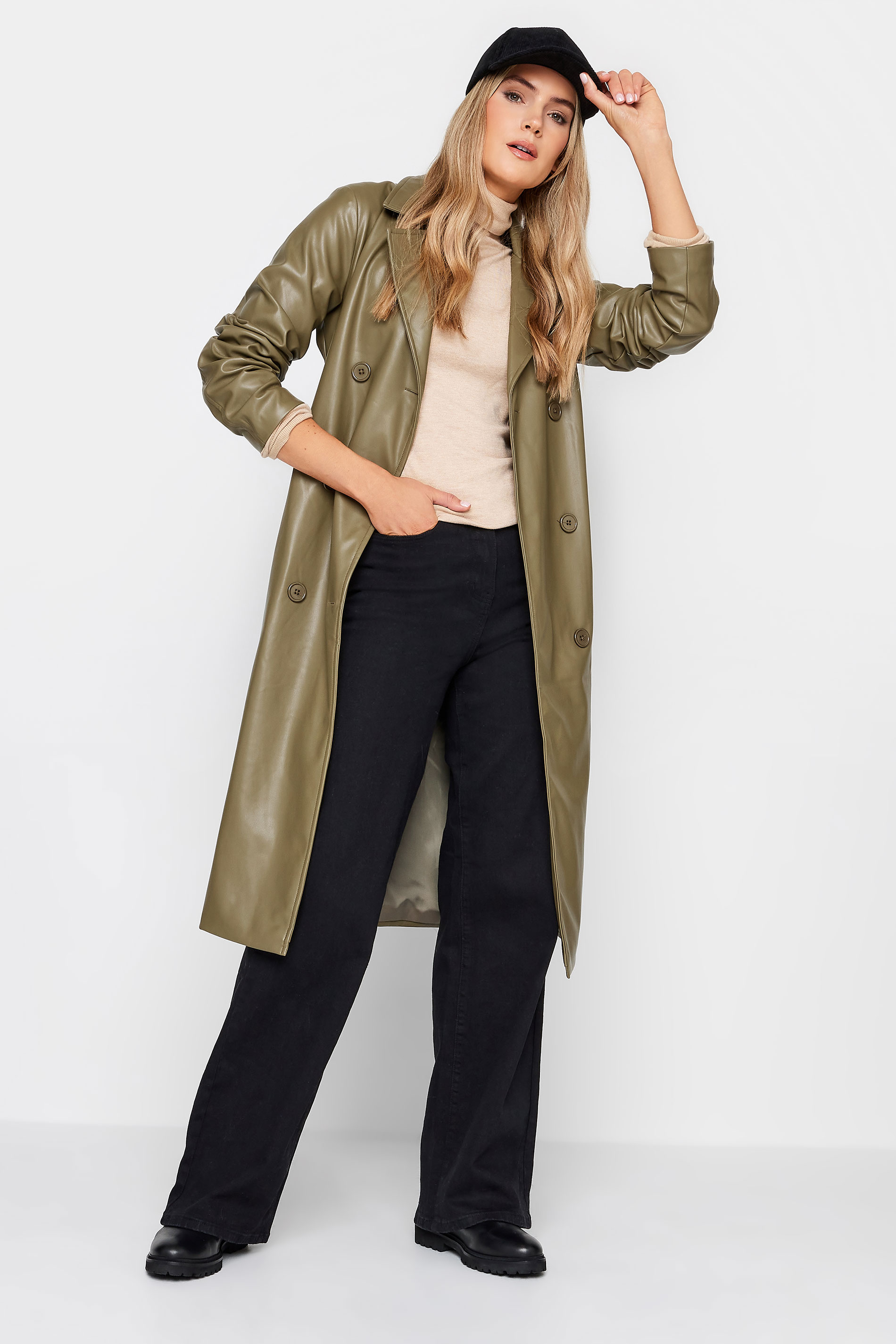 LTS Tall Olive Green Faux Leather Trench Coat | Long Tall Sally 2