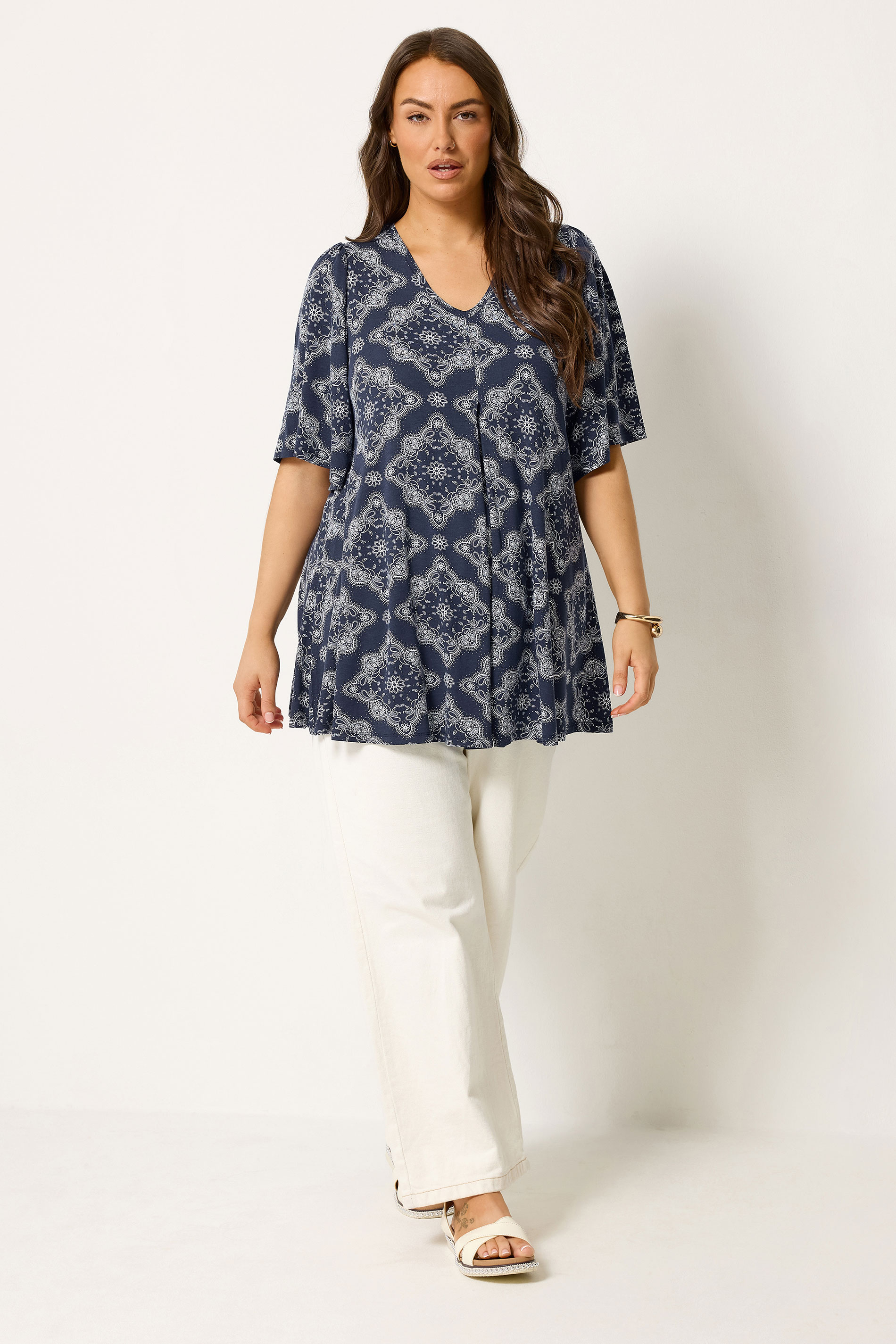 YOURS Plus Size Navy Blue Paisley Print Pleat Front Angel Sleeve Top 1