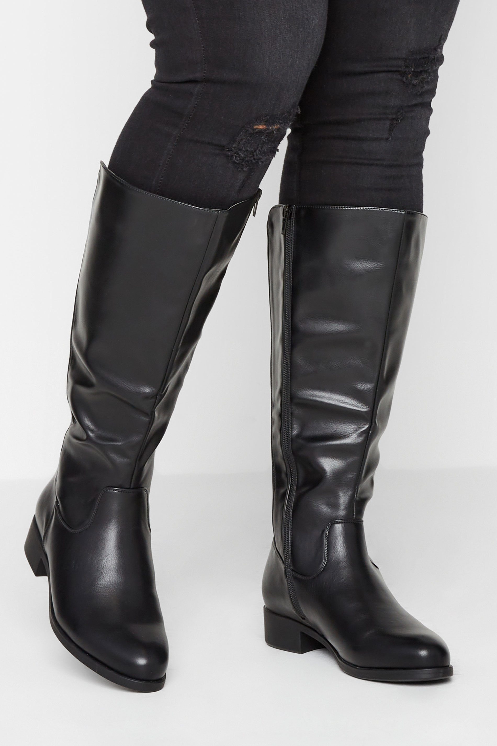 Black Faux Leather Stretch Knee High Boots In Wide E Fit & Extra Wide EEE Fit | Yours Clothing 1
