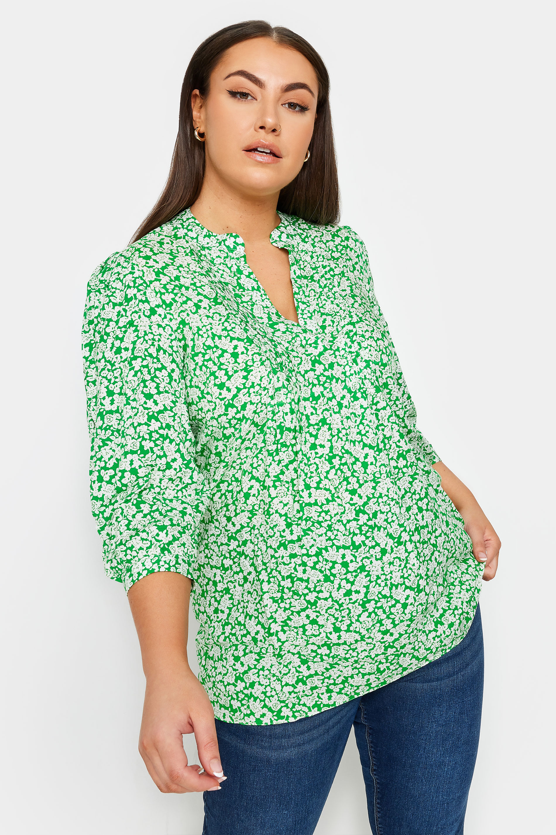 YOURS Plus Size Green Floral Print Pintuck Blouse | Yours Clothing 1