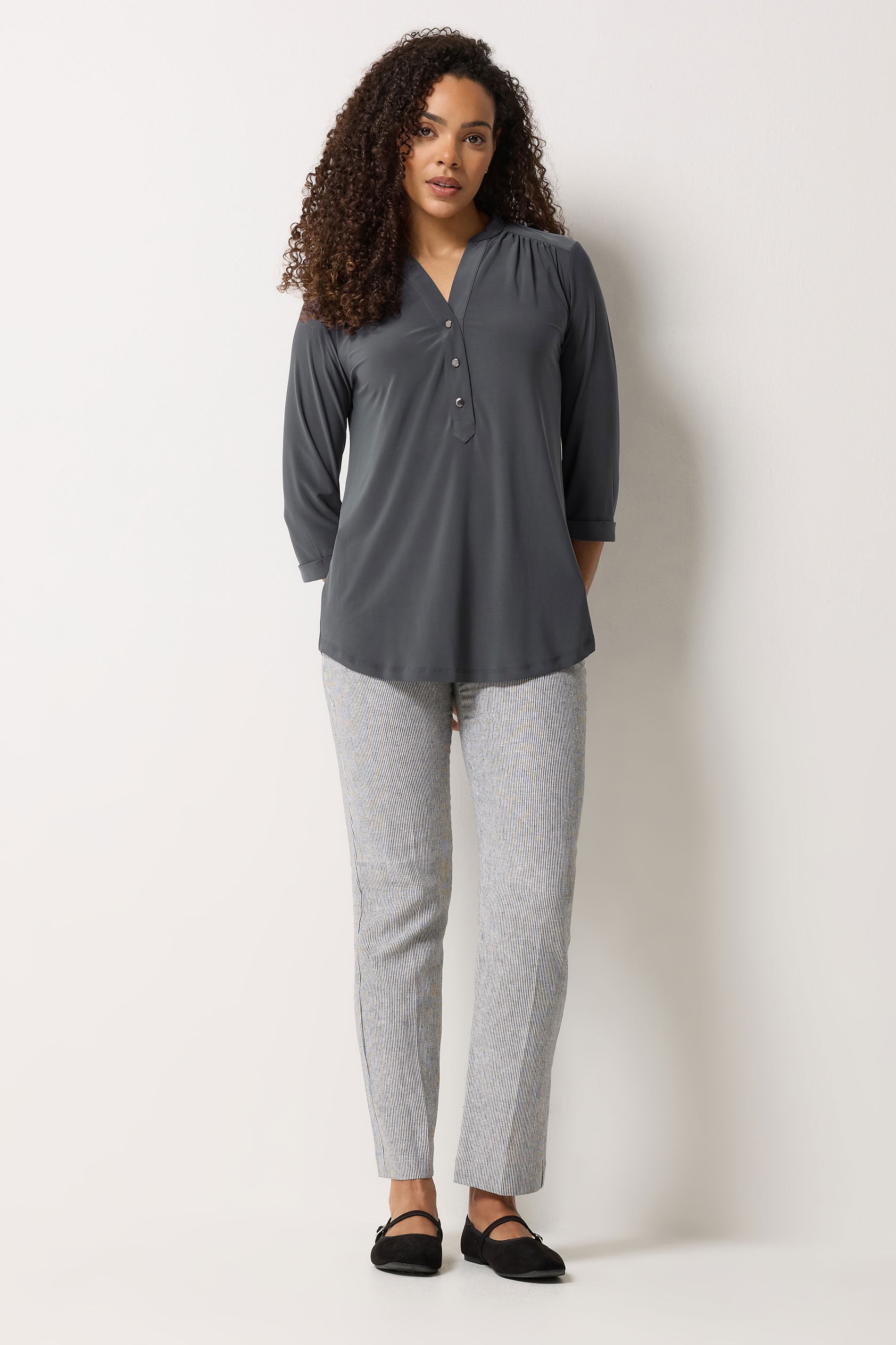 M&Co Grey Half Placket Collarless Shirt | M&Co 1