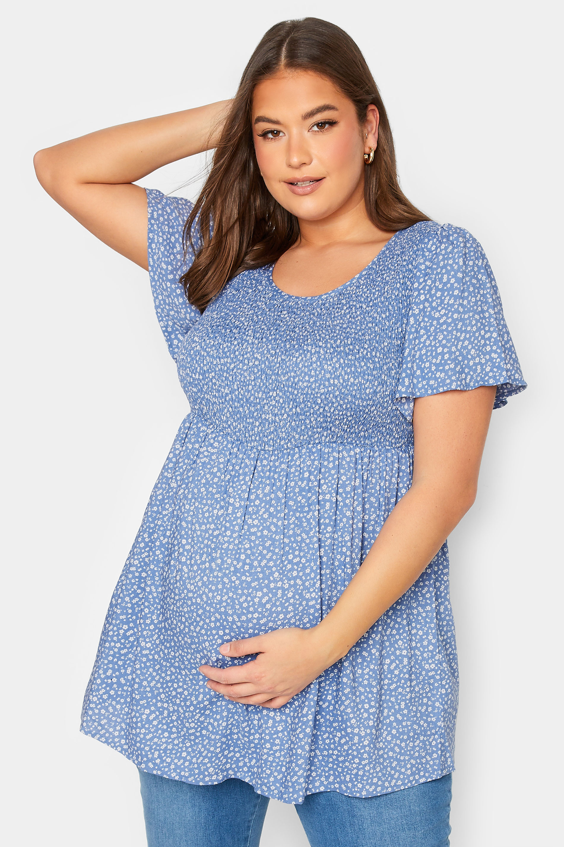 BUMP IT UP MATERNITY Plus Size Blue Spot Print Shirred Top | Yours Clothing 1
