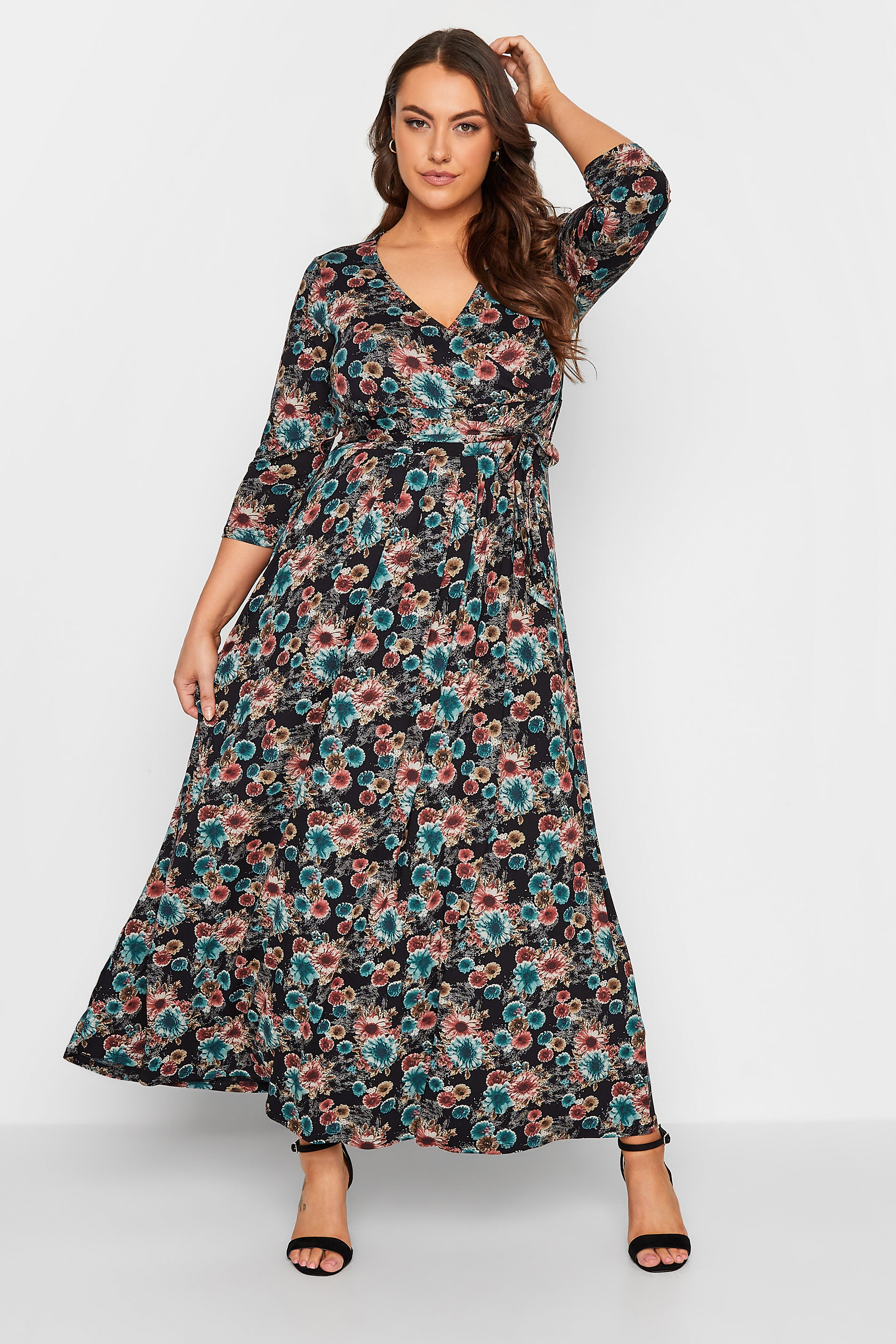 Plus Size Black Floral Print Wrap Maxi Dress | Yours Clothing 1