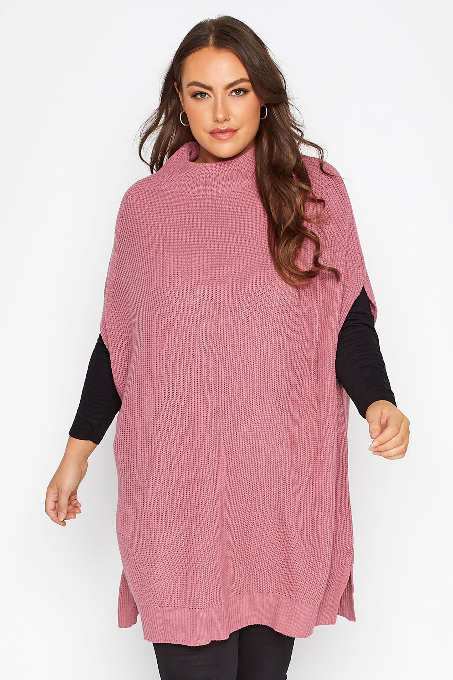 Plus Size Curve Pink Ribbed Knit Tabard Vest | Yours Clothing 1