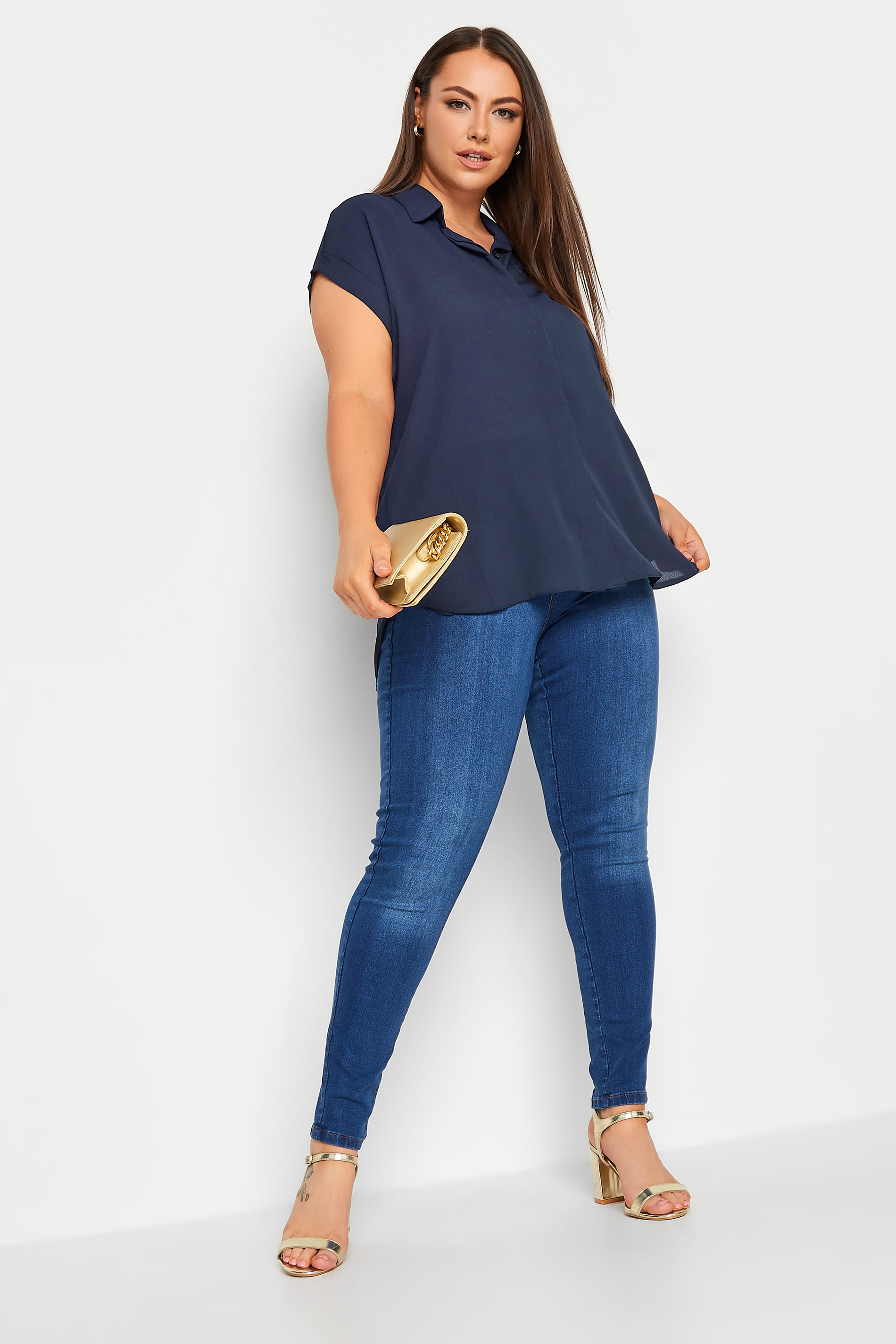 YOURS Curve Plus Size Navy Blue Collared Shirt | Yours Clothing  2
