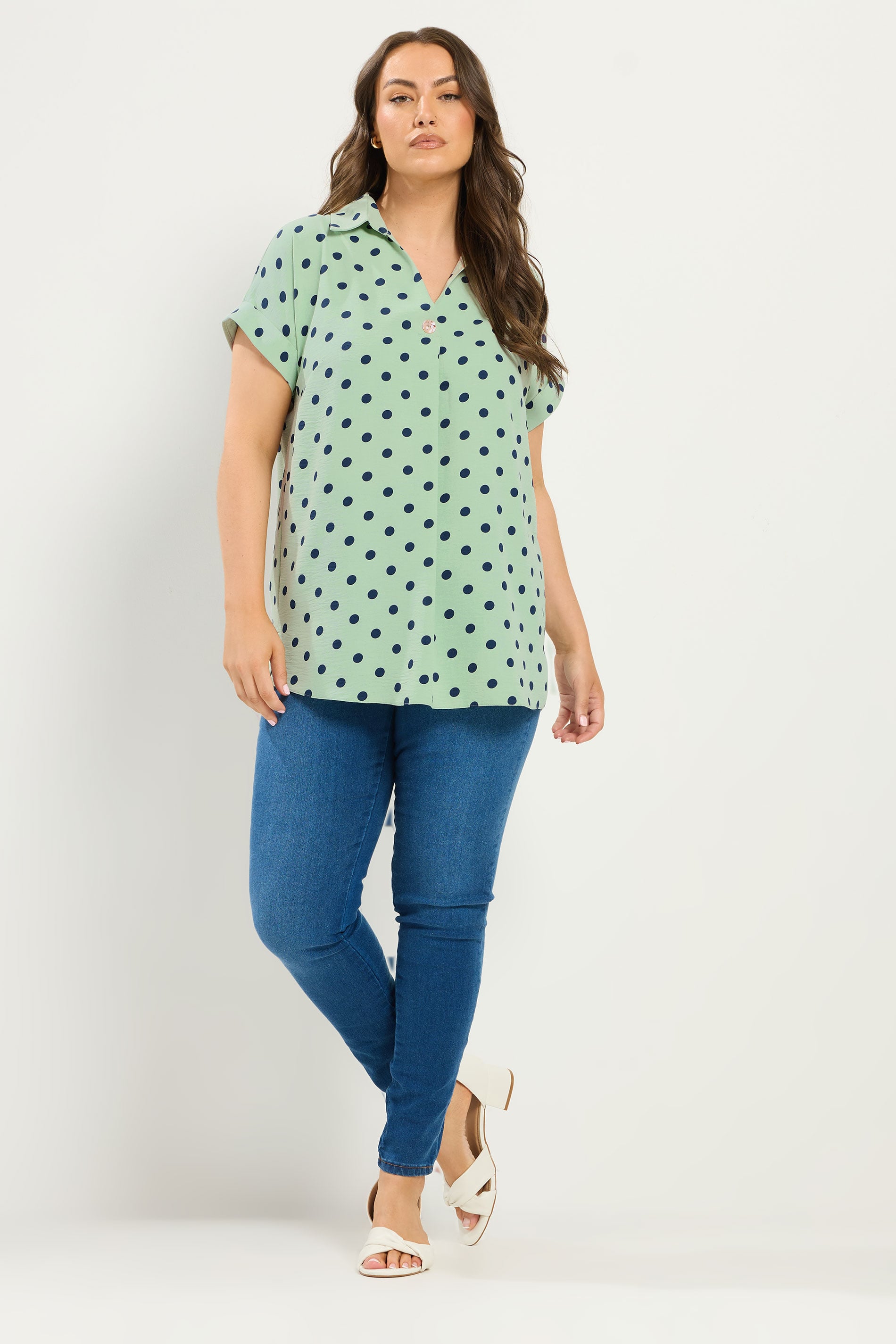 YOURS Plus Size Green Polka Dot Pleat Front Shirt | Yours Clothing 1