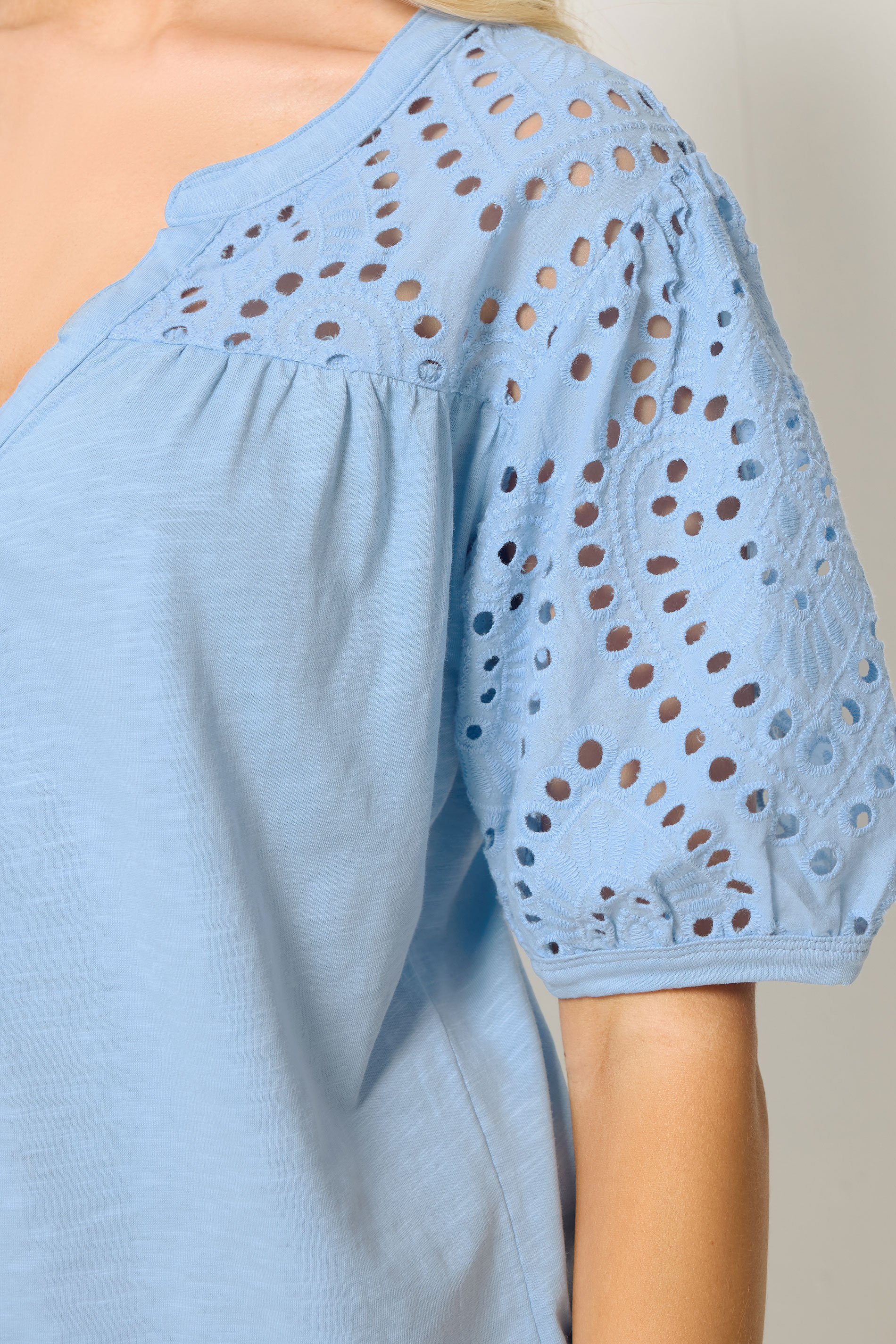 M&Co Light Blue Broderie Cotton Half Placket Top | M&Co 4