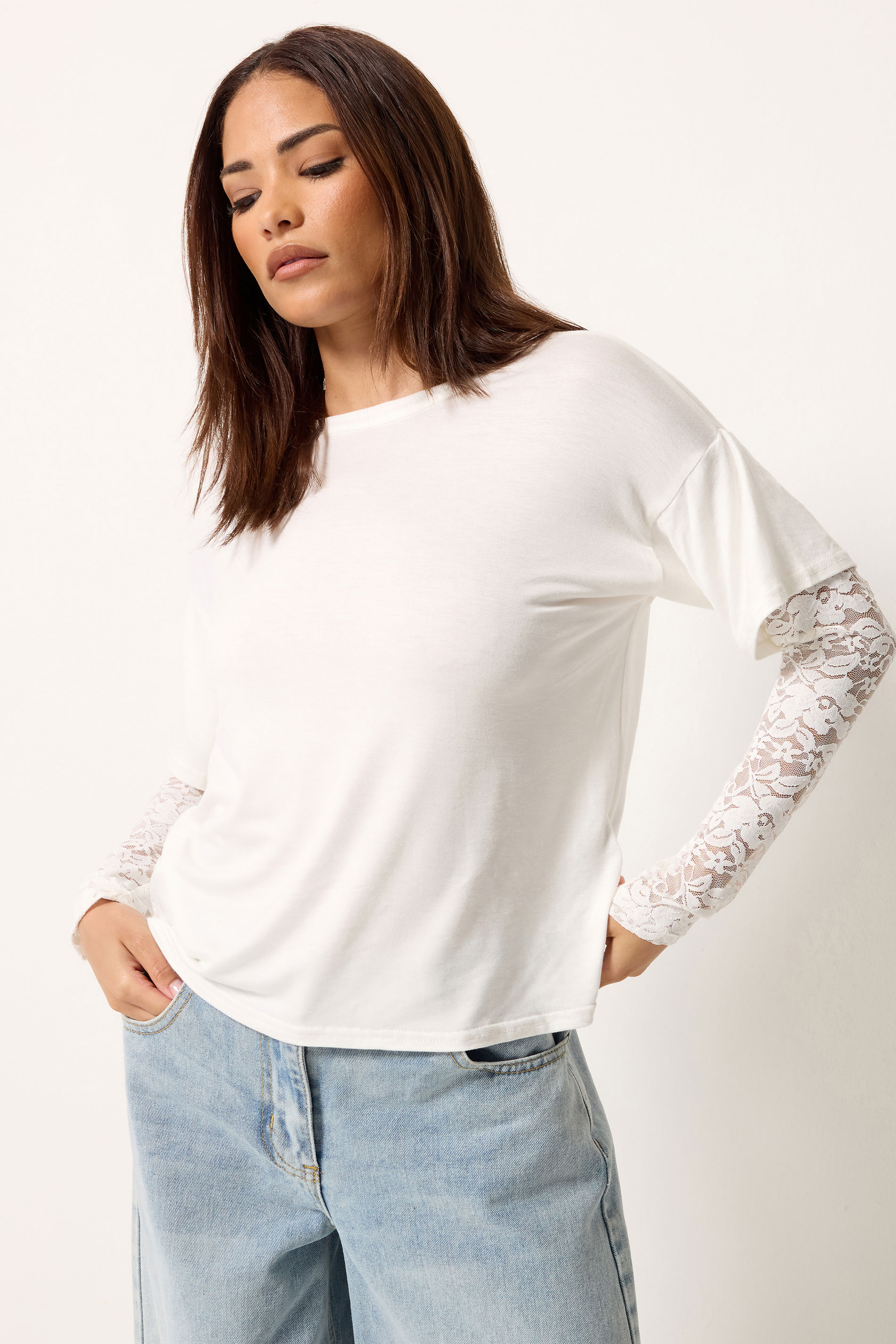 PixieGirl Petite Women's White Long Sleeve Lace T-Shirt | PixieGirl 1