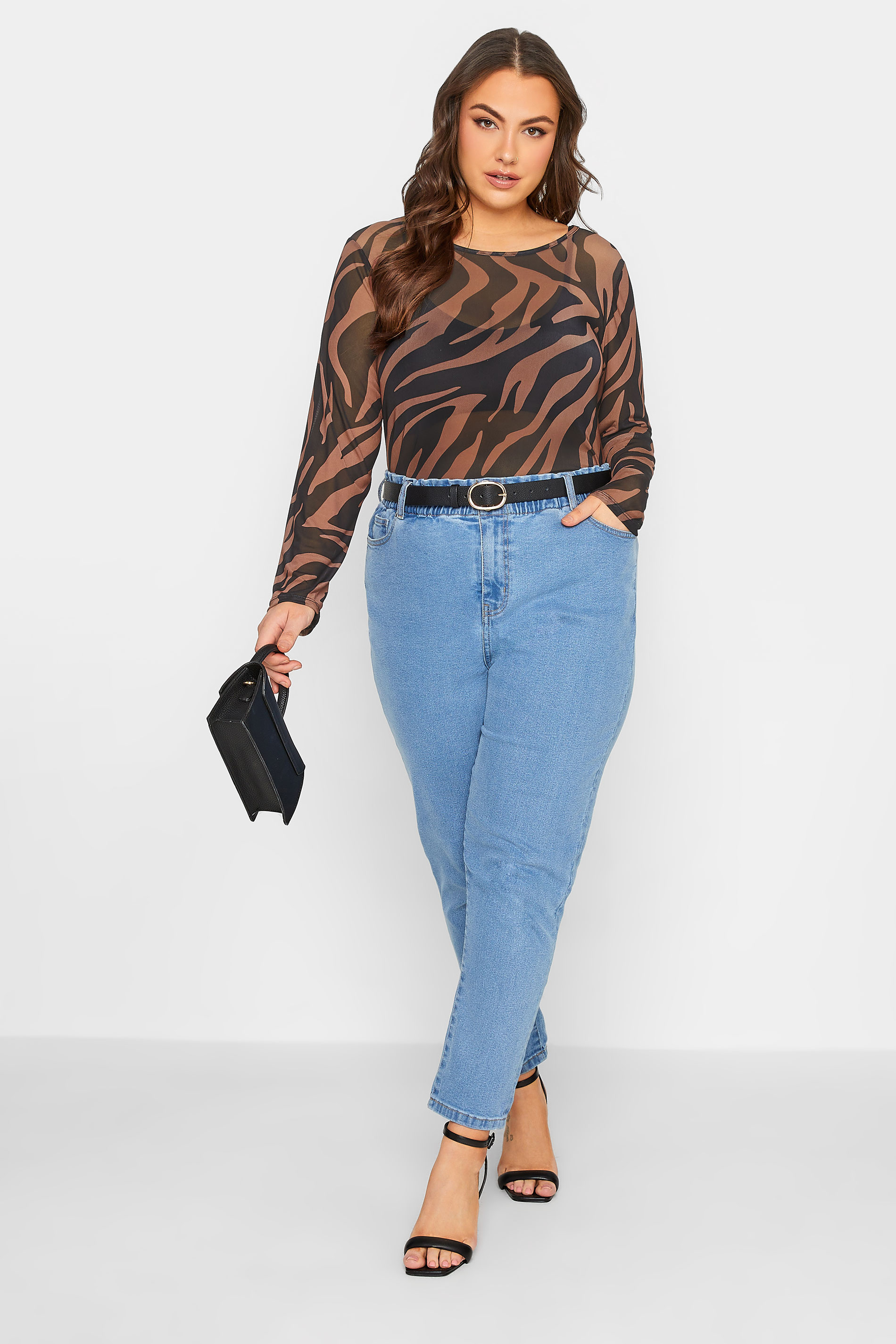 Plus Size Black & Brown Zebra Print Long Sleeve Mesh Top | Yours Clothing 2