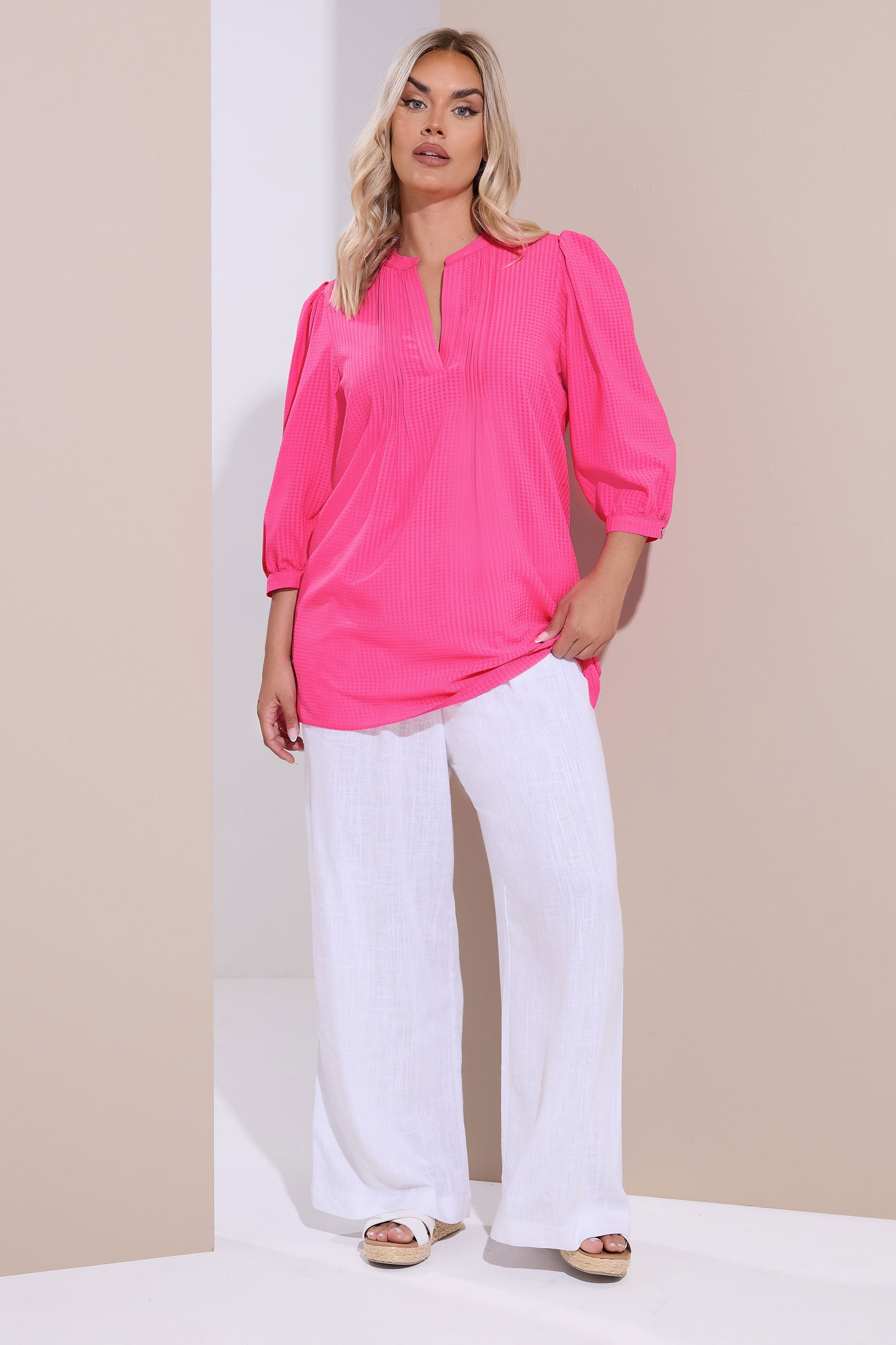 YOURS Plus Size Pink Woven Check Pintuck Blouse | Yours Clothing 1