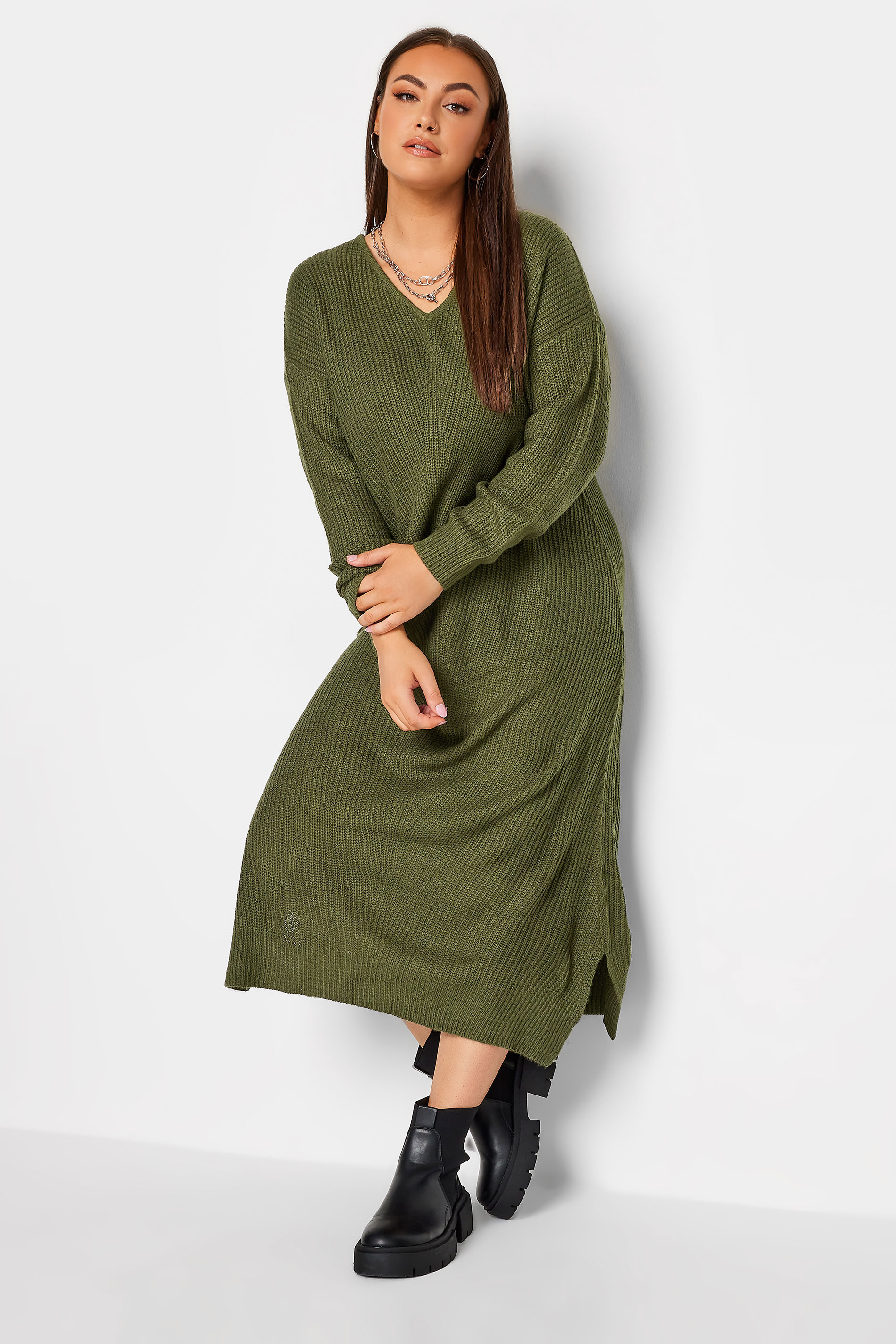 YOURS Plus Size Khaki Green Midaxi Knitted Jumper Dress | Yours Clothing 1