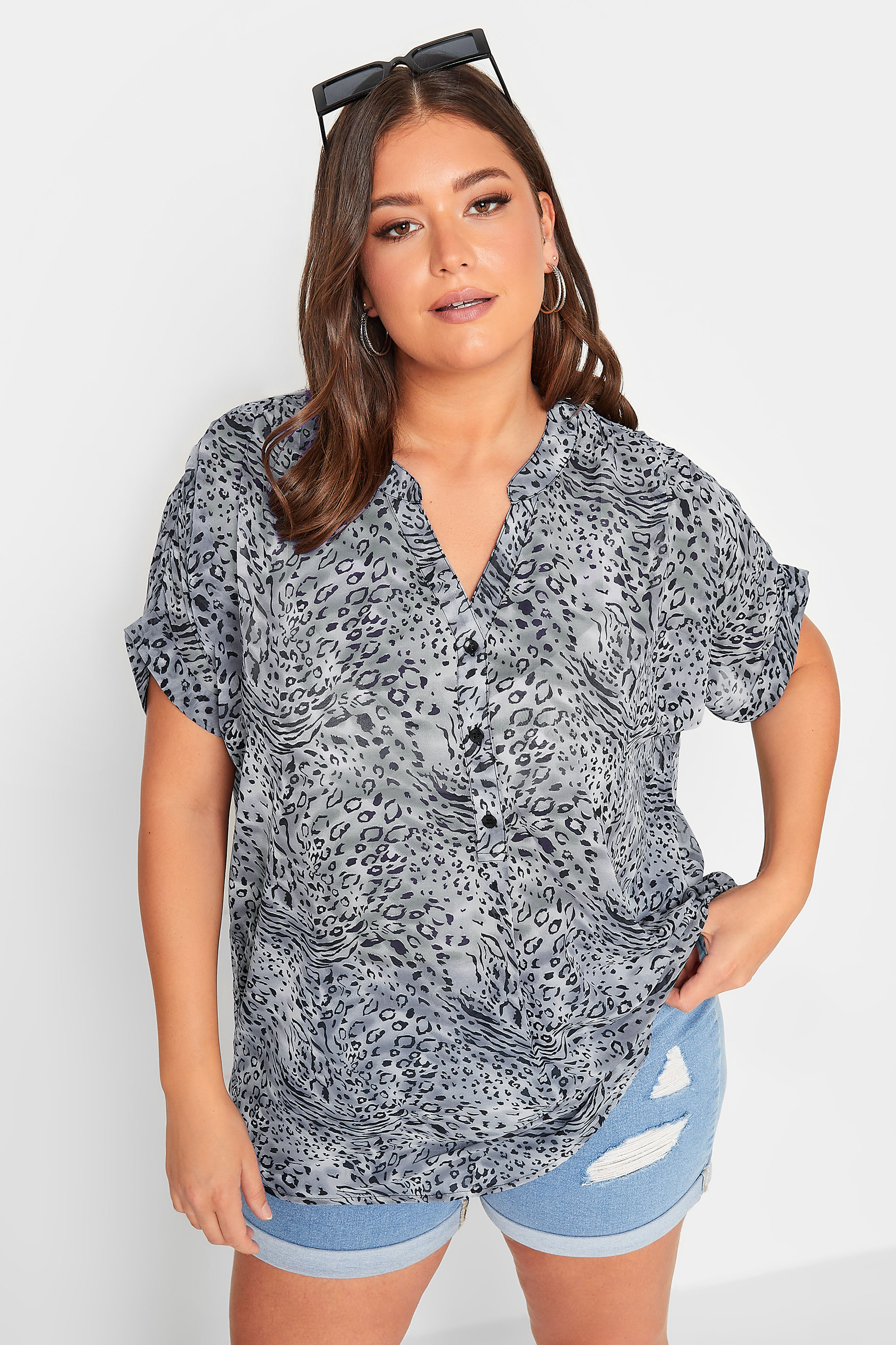 YOURS Plus Size Grey Animal Print Half Placket Shirt | Yours Clothing 1