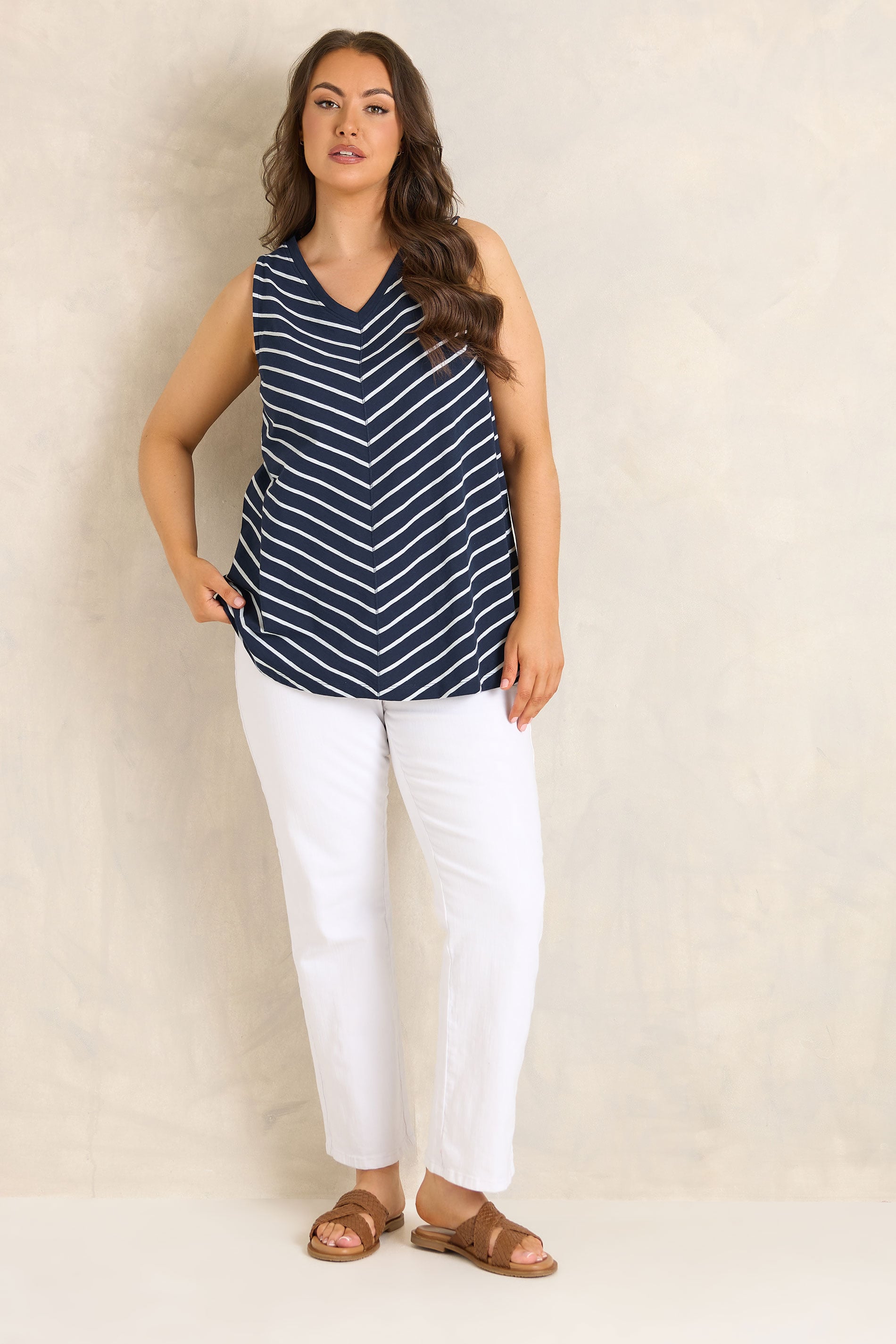 EVANS Plus Size Navy Blue Stripe Premium Cotton Vest Top | Evans 1