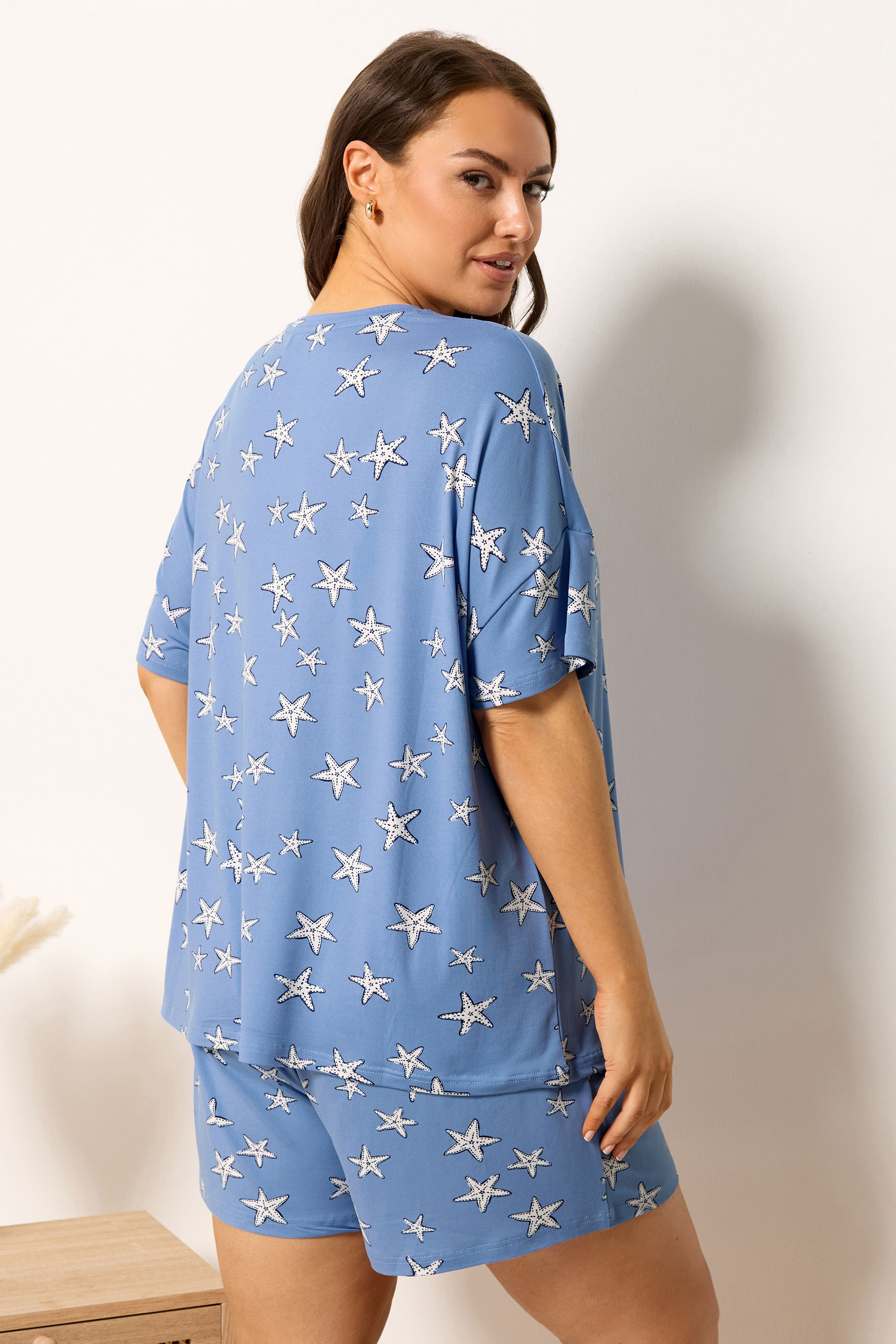 YOURS Plus Size Blue Starfish Soft Touch Pyjama Set | Yours Clothing 2