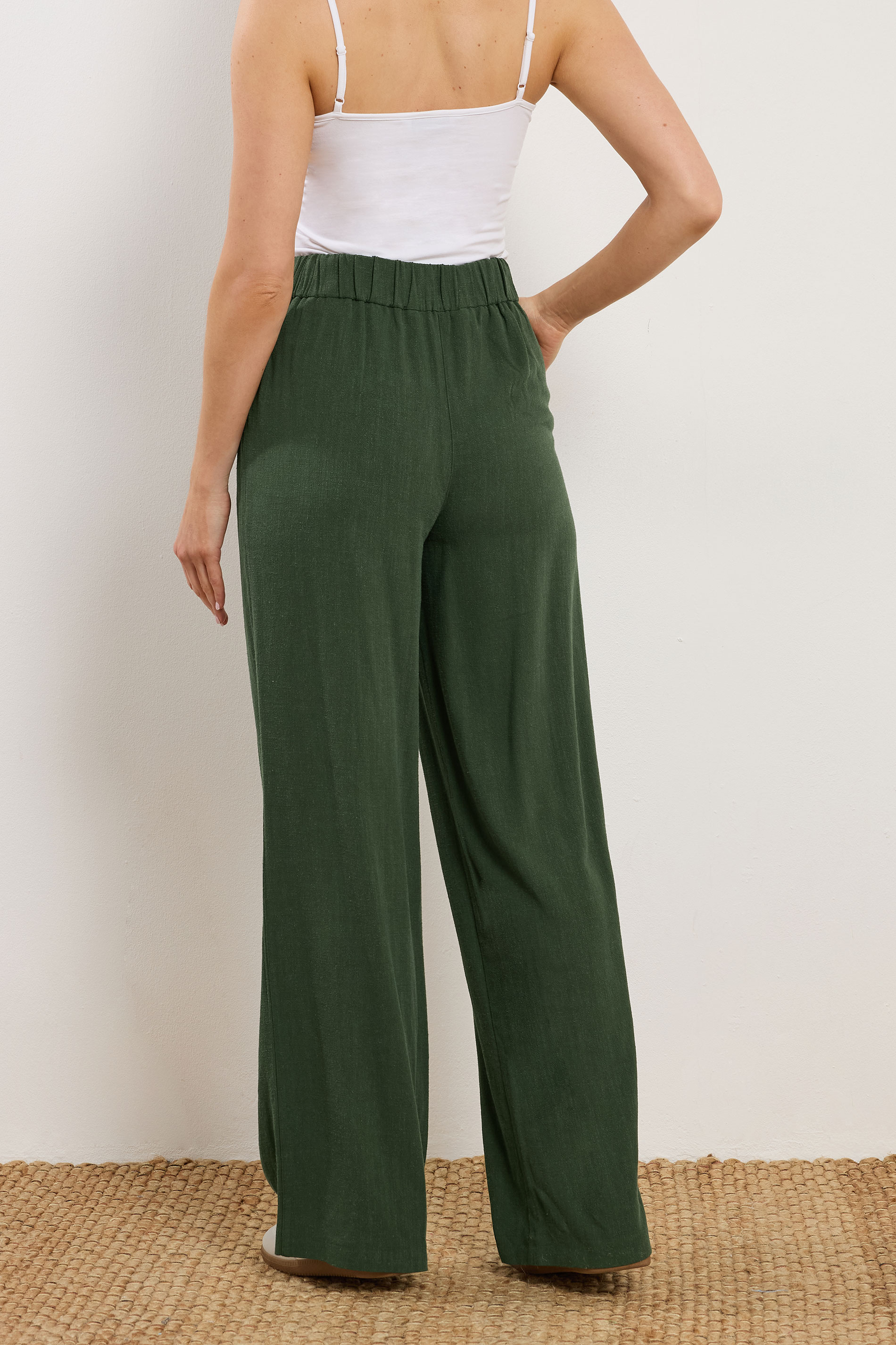 LTS Tall Women's Dark Green Linen Pleated Wide Leg Trousers | Long Tall Sally 4