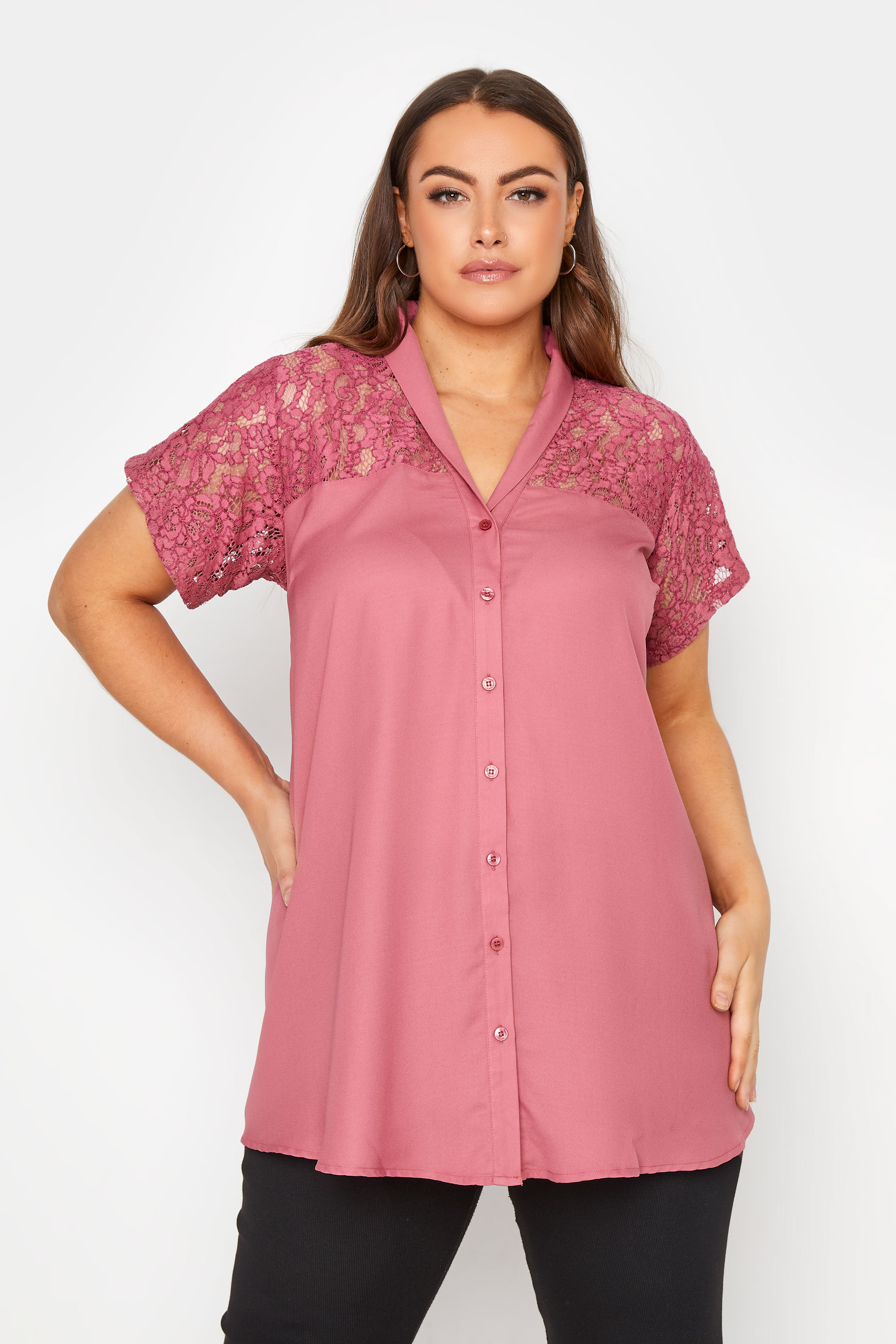 Plus Size Blush Pink Lace Insert Blouse | Yours Clothing 1
