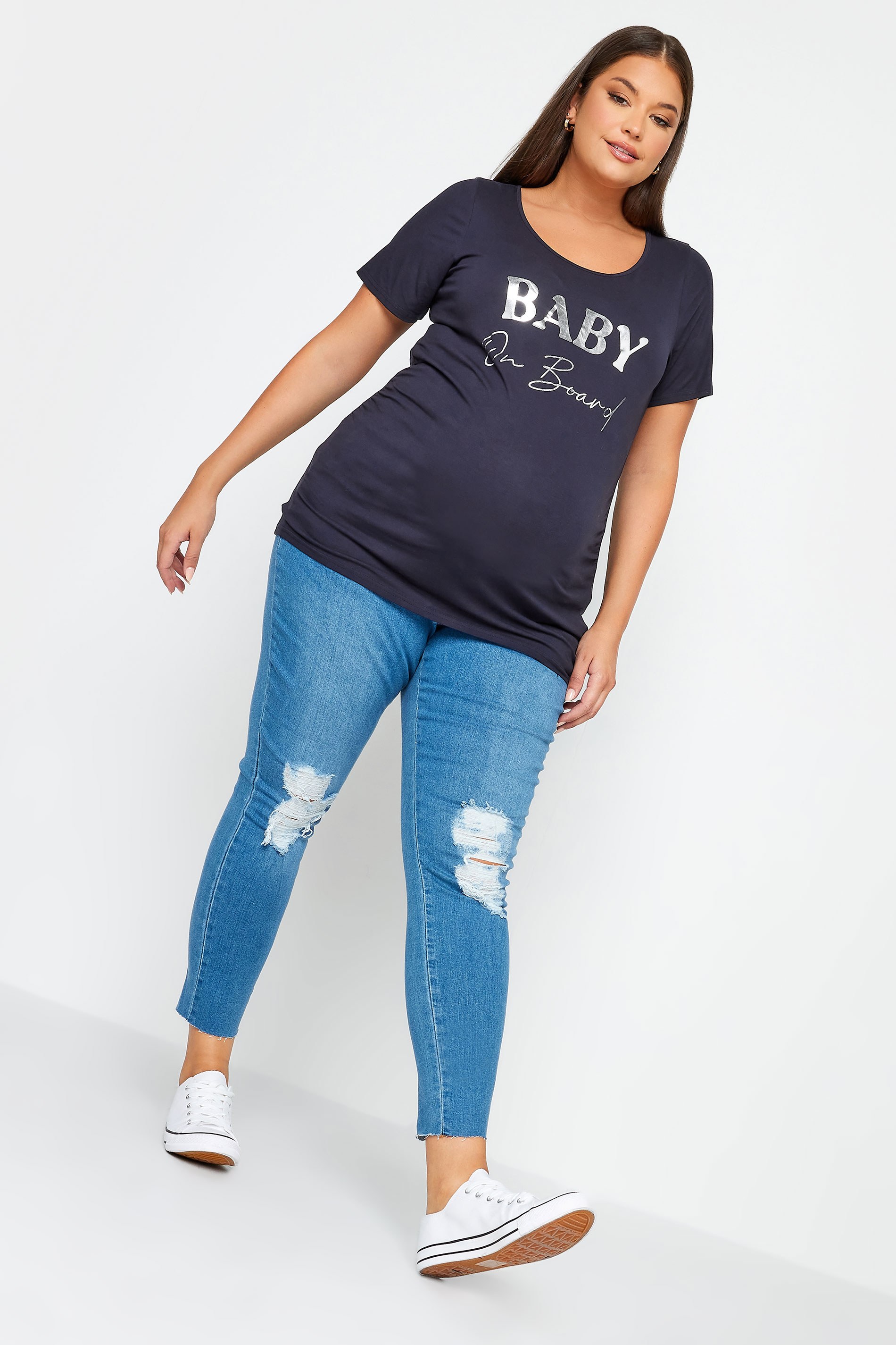 BUMP IT UP MATERNITY Plus Size Navy Blue 'Baby On Board' Slogan T-shirt | Yours Clothing 1