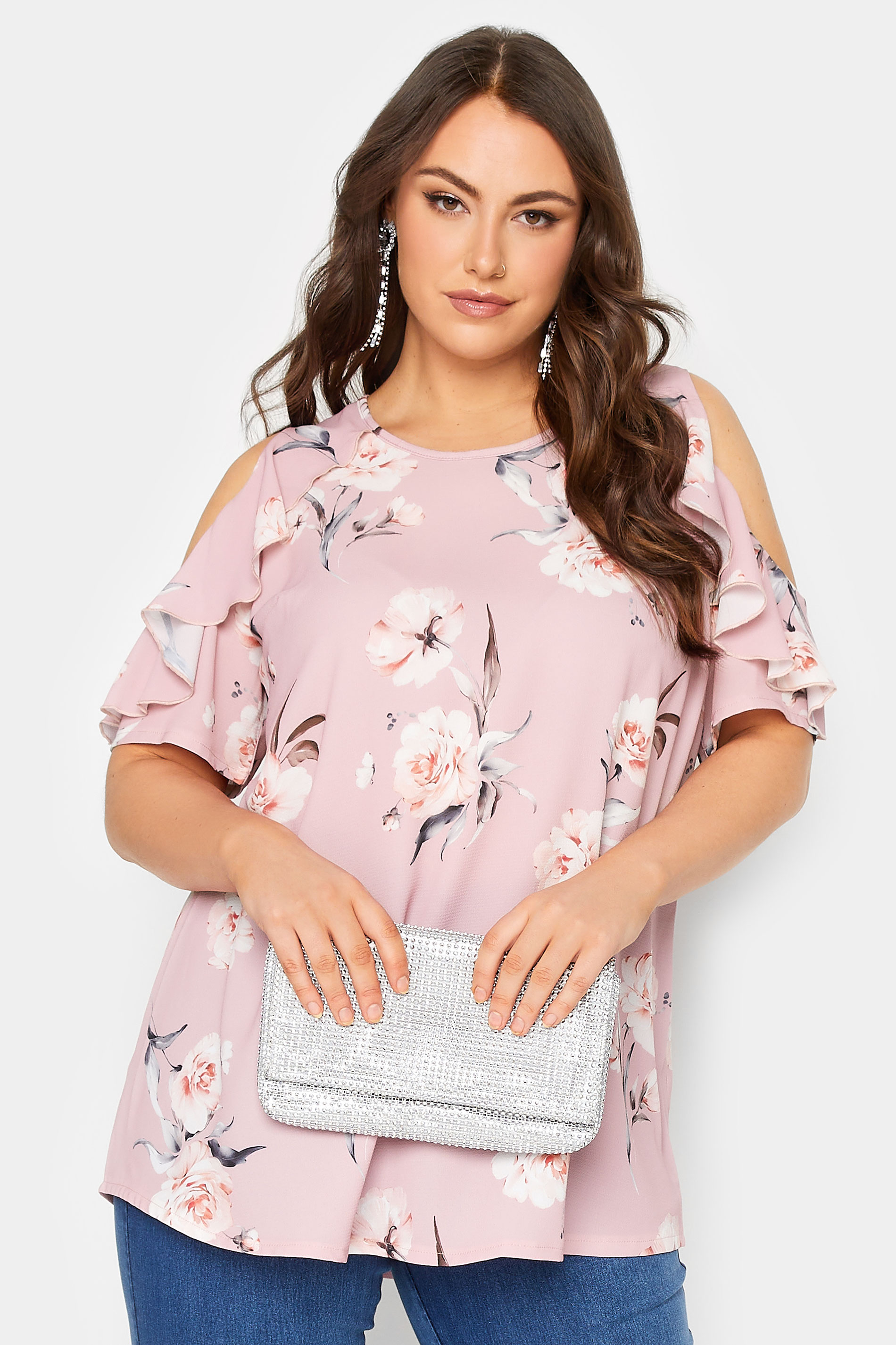 YOURS LONDON Plus Size Pink Floral Frill Cold Shoulder Top | Yours Clothing 1