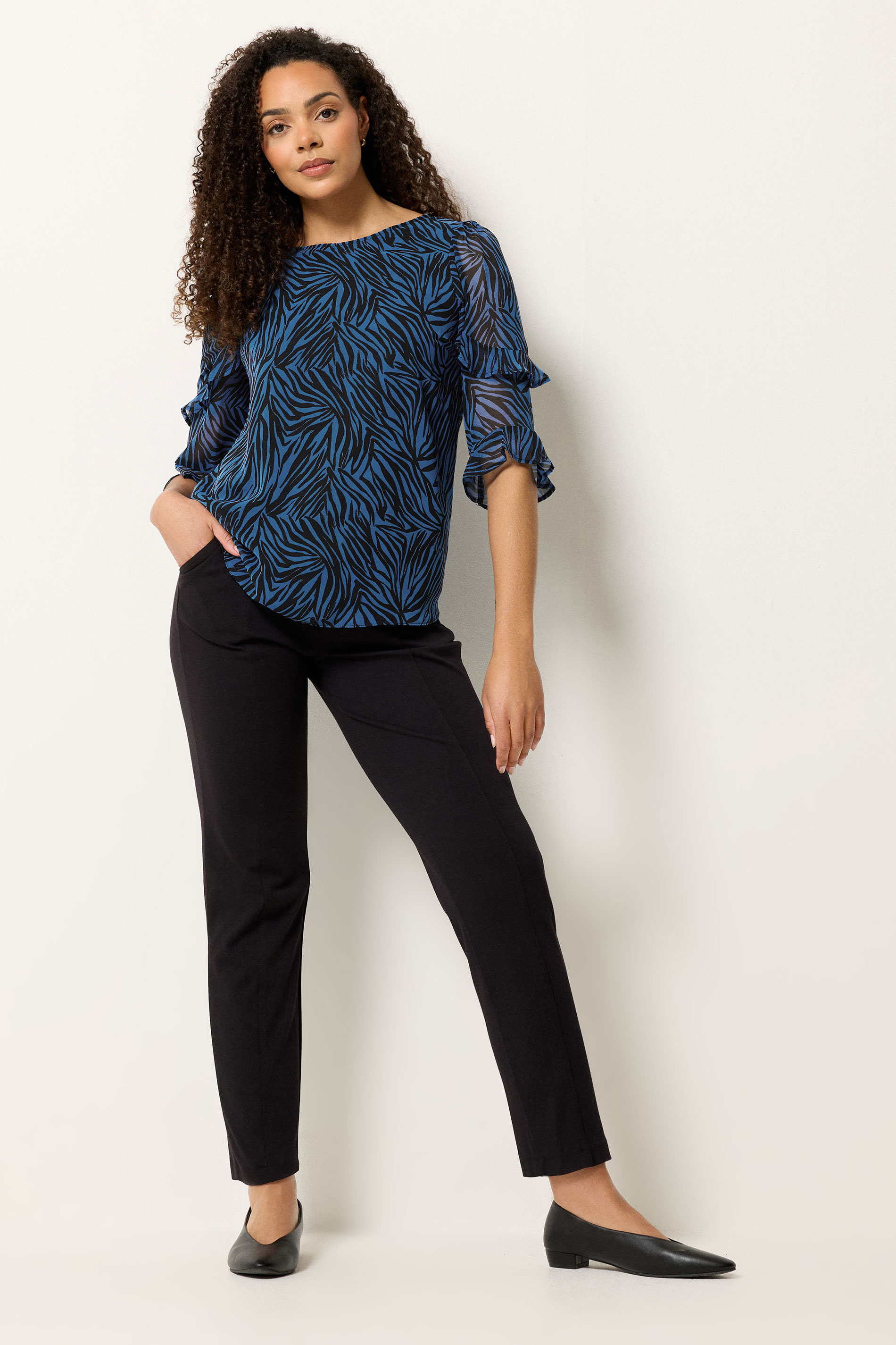 M&Co Blue & Black Swirl Print Frill Sleeve Blouse | M&Co 1